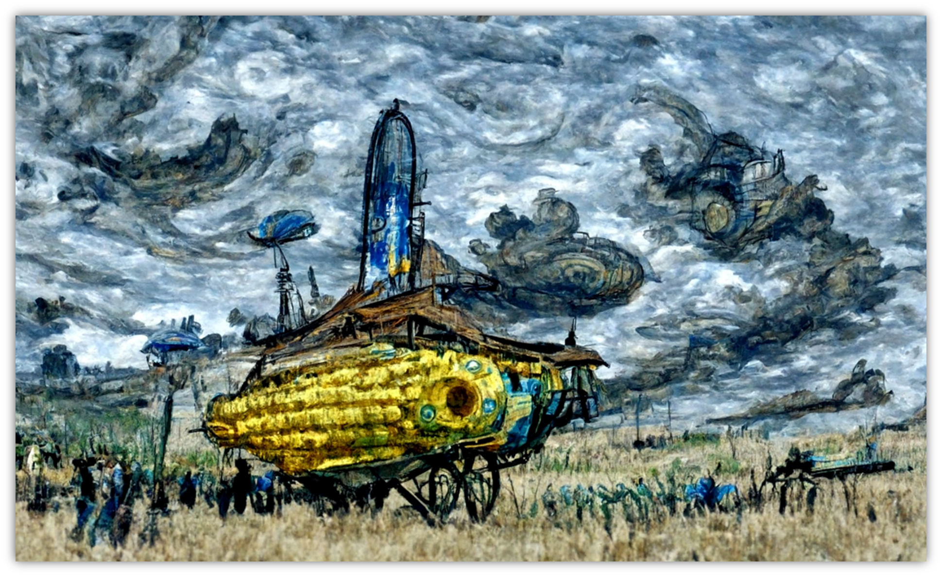 图片展示了一幅以梵高风格绘制的概念艺术作品，呈现了一艘即将降落在玉米地上的蒸汽朋克风格飞船。天空中布满了具有梵高特色的旋转笔触云朵，地面上是金黄的玉米地，飞船主体为黄色，带有蓝色等装饰，造型独特。飞船周围还有一些小型飞行器等元素，地面上似乎有一些人影。此图与上下文的关系是，作为将提示词中画师风格由Greg Rutkowski替换为梵高后的示例，直观展现不同画师风格对同一主题画面笔触和效果的影响。