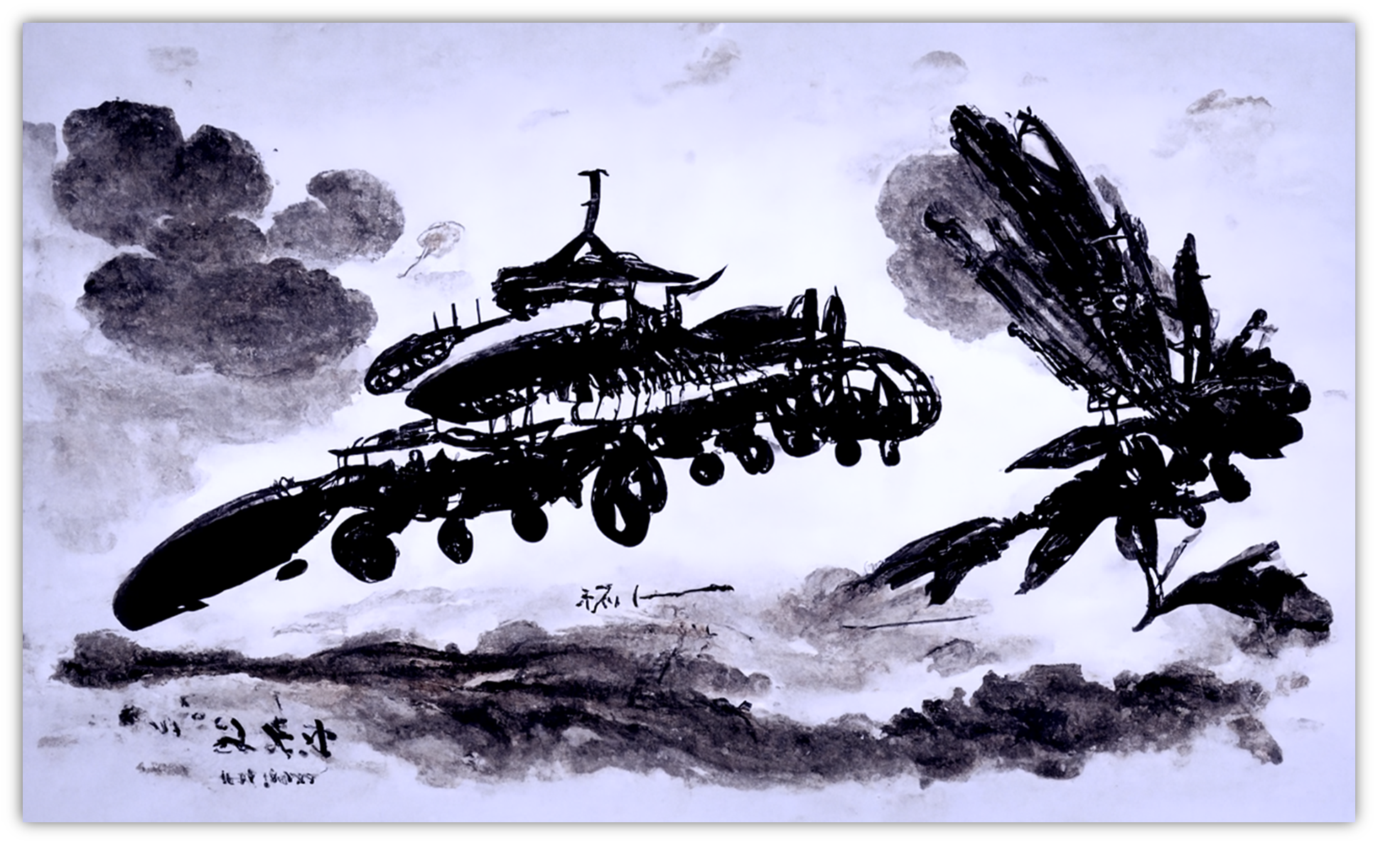 图片展示了一幅水墨画风格的作品，画面中有一艘即将降落在玉米地的飞船，背景是天空中的云朵。飞船造型独特，带有中式建筑元素，玉米地以浓墨表现。这幅图是在“替换字词示例”的语境下，将提示词中的画师风格设定为齐白石后生成的画面，体现了不同画师风格对图片笔触和整体风格的影响，直观地展示了通过改变提示词中画师名称可得到不同风格作品这一要点。