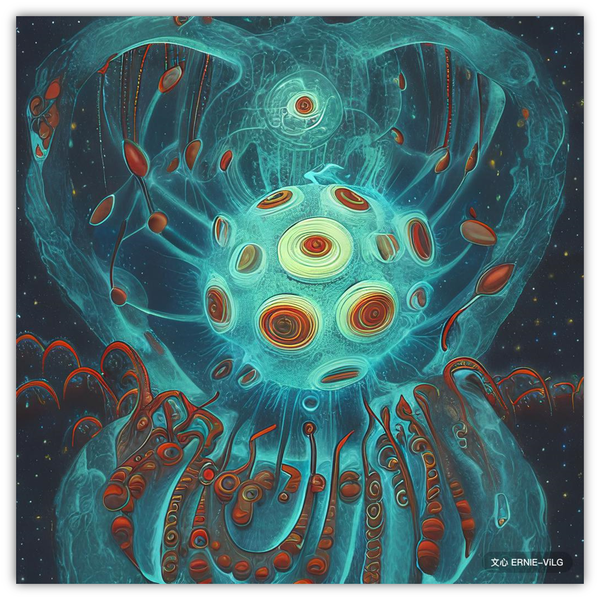 图片展示了一幅具有奇幻色彩的插画，主体是一个类似细胞的球体，球体表面有多个带有螺旋纹路的圆形结构，颜色以蓝、红、黄为主。球体周围有类似触手的延伸结构，上面也布满了复杂的图案。背景是深色的星空，点缀着点点星光。这张图片是对前文提示词组成方式的示例展示，如“一个细胞的特写超现代主义插画，新海诚风格，吉田明彦风格，天野喜孝风格，超细节，高清壁纸”，通过实际图像呈现了利用提示词生成的画面效果。