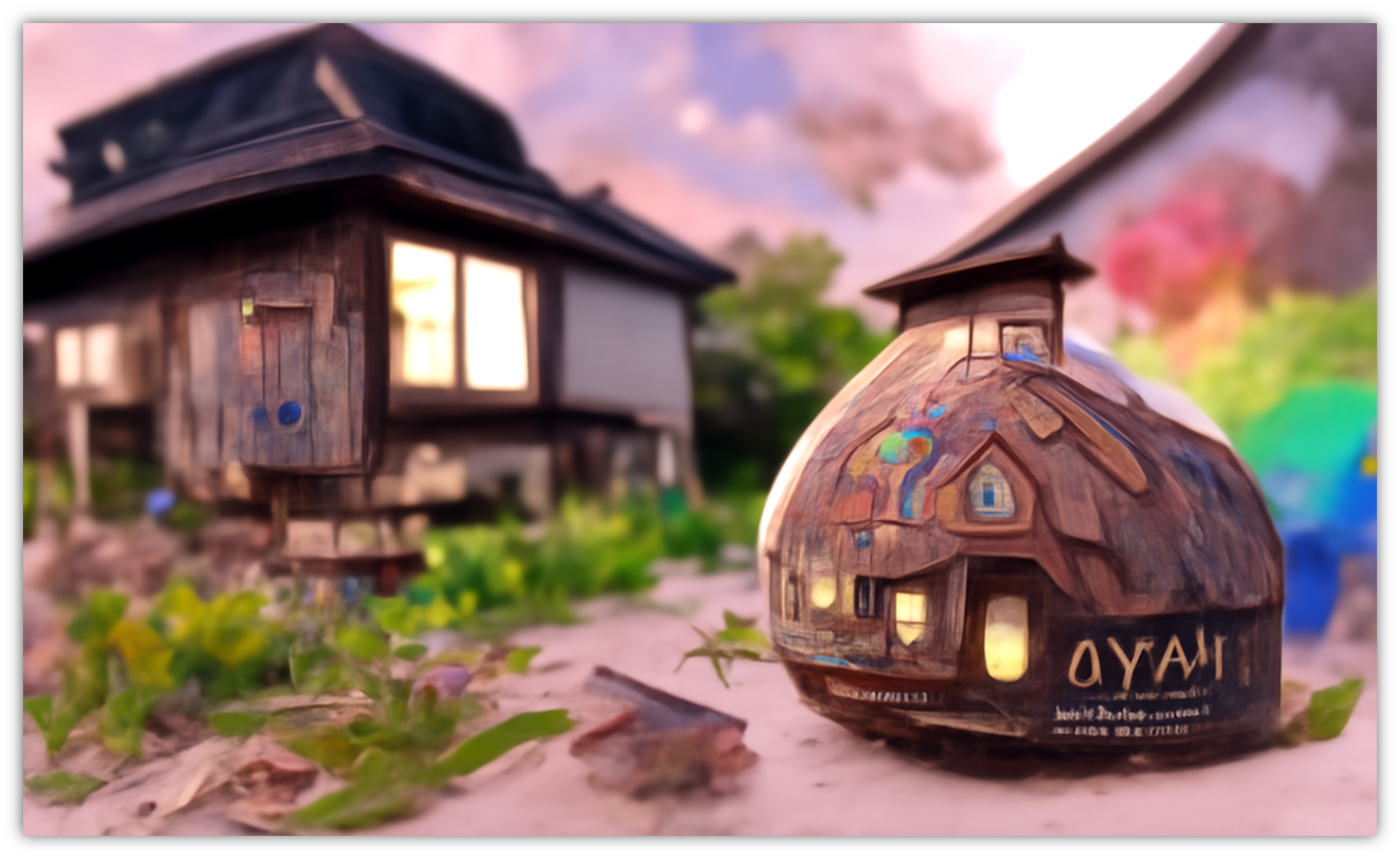 图片展示的是在提示词中加入“by Miyazaki Hayao and Makoto Shinkai（宫崎骏和新海诚风格）”后生成的图像。画面中有一个造型独特、类似橡子材质的小房子，细节丰富，外观华丽，房子上的窗户透出柔和的光线。背景中还有另一座传统风格的房子，周围环境有绿植点缀，整体呈现出多色彩、超现实且带有梦幻感的画风，与前文提及的提示词效果相呼应，展现出炫技和华丽的特点。