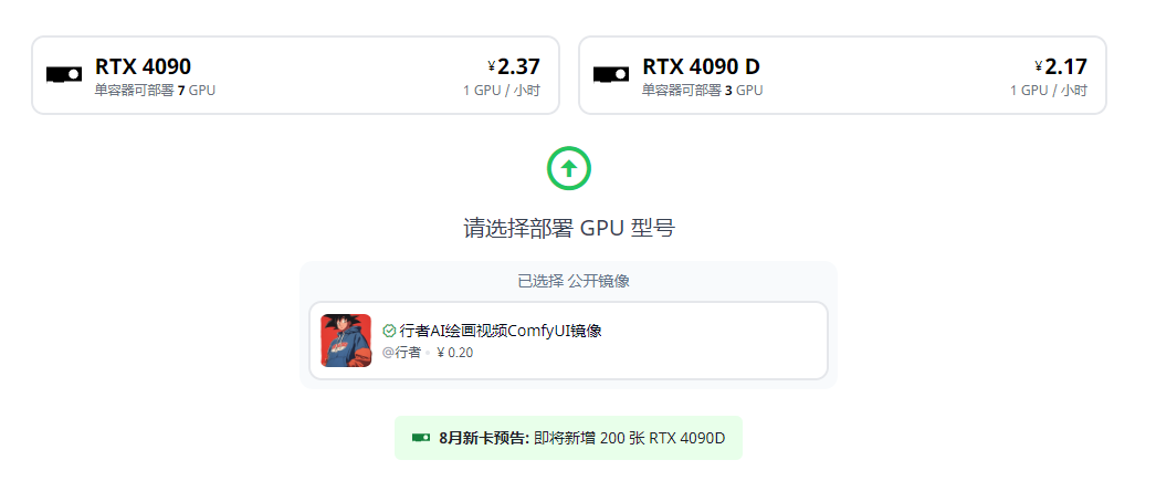 图片展示了仙宫云ComfyUI Flux镜像部署时选择GPU型号的界面。上方显示有RTX 4090和RTX 4090 D两种GPU型号,前者价格为2.37元/小时,单容器可部署7 GPU;后者价格为2.17元/小时,单容器可部署3 GPU。二者均为1 GPU/小时计费。下方提示请选择部署GPU型号,已选择公开镜像“行者AI绘画视频ComfyUI镜像”,价格为0.20元/小时。此外,还预告8月将新增200张RTX 4090D。该图片与上文提到的选择镜像内容相关,展示了可选的镜像对应GPU型号及价格等信息。