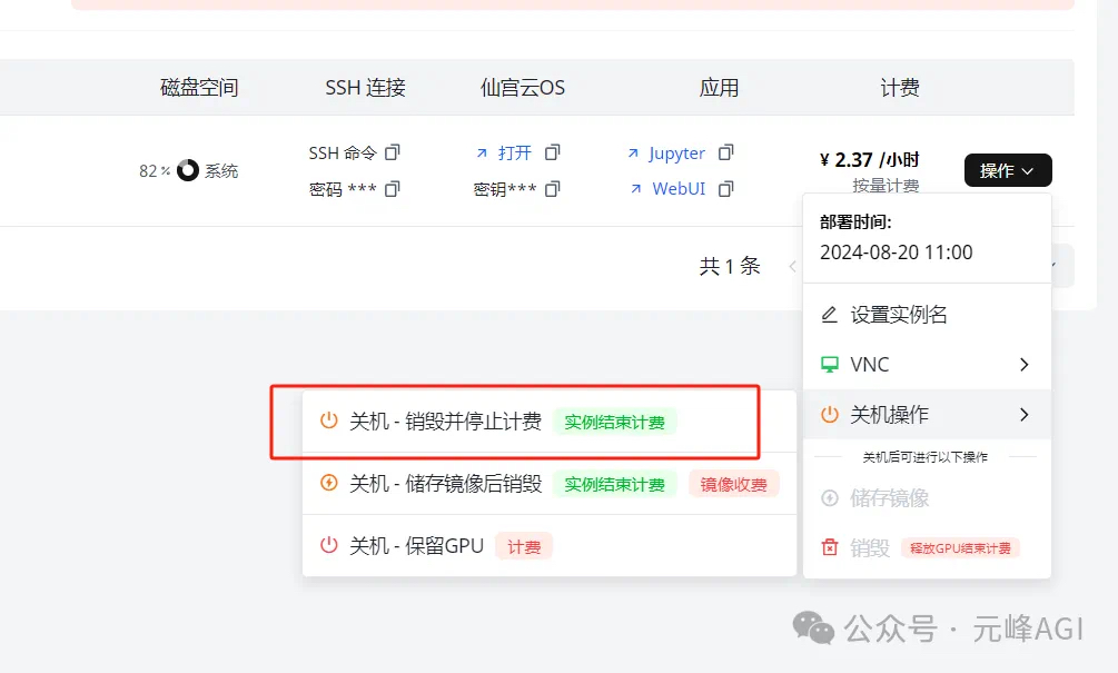 图片展示了仙宫云操作界面中关于关机操作的选项。界面右上方显示计费为2.37元/小时,操作栏中有“关机 - 销毁并停止计费”“关机 - 储存镜像后销毁”“关机 - 保留GPU”等选项。其中,“关机 - 销毁并停止计费”选项被红色框线突出显示。该图片与文档上下文相关,对应文档结尾处“用完记得关闭机器,不然会持续扣费”的提醒,直观呈现了停止计费的关机操作选项。