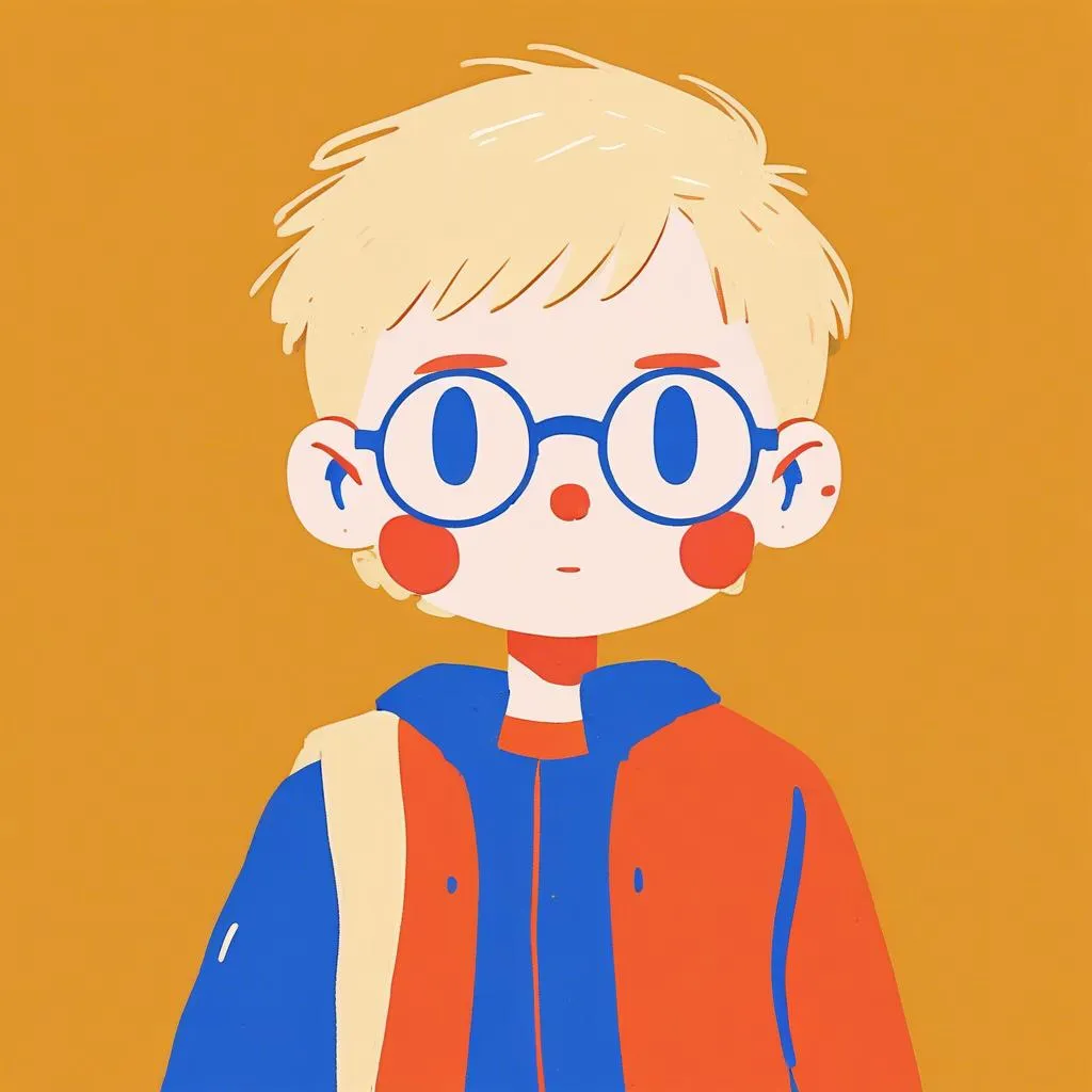 图片是由AI工具“Little Tinies”生成的手绘卡通风格图像。画面中是一个戴着大圆形眼镜的金发人物，有着蓝色的眼睛，脸颊两侧有红色圆晕，穿着红蓝配色的上衣，背着浅色的肩带。背景为橙色。该图片是对前文提示词“a girl with blonde hair and blue eyes,big round glasses”的生成结果展示，用以体现“Little Tinies”模型的图像生成效果，虽提示要求白色背景但实际为灰色背景，不过整体呈现出高质量的手绘质感。