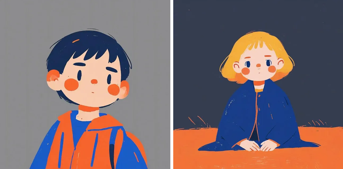 图片展示了两幅用Little Tinies图像模型生成的手绘卡通风格小孩肖像。左侧是一个穿着橙色背心、蓝色内搭的小男孩，背景为灰色；右侧是一个穿着蓝色外套的小女孩，背景为深色，底部有橙色区域。这两张图像是文档中“更多示例”部分的内容，用于展示该AI工具依据“一个小孩的肖像”提示所生成的效果，体现了其在创建手绘卡通风格图像方面的能力。