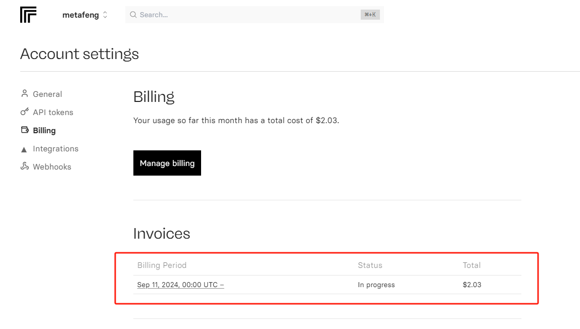 图片展示的是Replicate平台的账单设置界面。界面中“Billing Period”显示为2024年9月11日UTC - 00:00，状态为“进行中”，总金额为$2.03。该图片与文档中“在Replicate中微调Flux炼Lora”步骤相关，对应第3步训练通量图像模型时，若不添加付款方式，训练将不会开始，且支付可能需用虚拟信用卡，此图直观呈现了训练过程中账单信息，帮助用户了解当前账单状态。