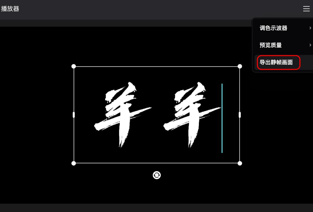 图片展示的是剪映软件中播放器界面，画面中显示“羊羊”二字。右侧有三个选项，分别是“调色示波器”“预览质量”和“导出静帧画面”，其中“导出静帧画面”选项被红色框线突出显示。该图片与文档中介绍制作光影艺术字的流程相关，用于说明在剪映软件中导出静帧画面的操作步骤，是制作光影艺术字过程中导出文字底图的一个环节。