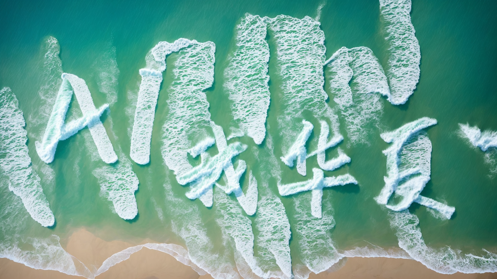 图片展示的是AI短片《AI我华夏》中的一张光影艺术字图片成品。画面中，以白色泡沫字样的“AI我华夏”字样在碧绿的海水中呈现，海浪不断拍打，形成动态效果。文字下方是浅黄色沙滩，整体色调清新，与海水相映成趣。该图片是文档中介绍光影艺术字制作技巧后，展示的图片成品示例，用于直观呈现控制net参数调整后的效果。