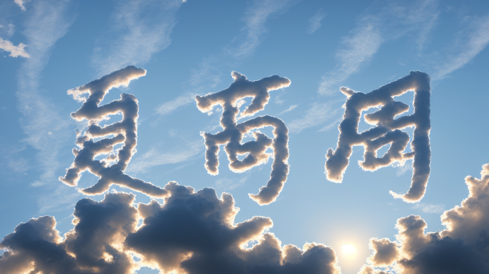 图片展示了AI短片《AI我华夏》中光影艺术字的成品效果。画面背景为蓝天白云，太阳位于右下角，光线从画面右下角斜射入，形成光晕。画面中央有三个大字“夏商周”，每个字由云朵构成，云朵边缘有光晕效果，整体呈现出一种云雾缭绕的视觉效果，与蓝天白云相得益彰，体现了光影艺术字的创意与美感。