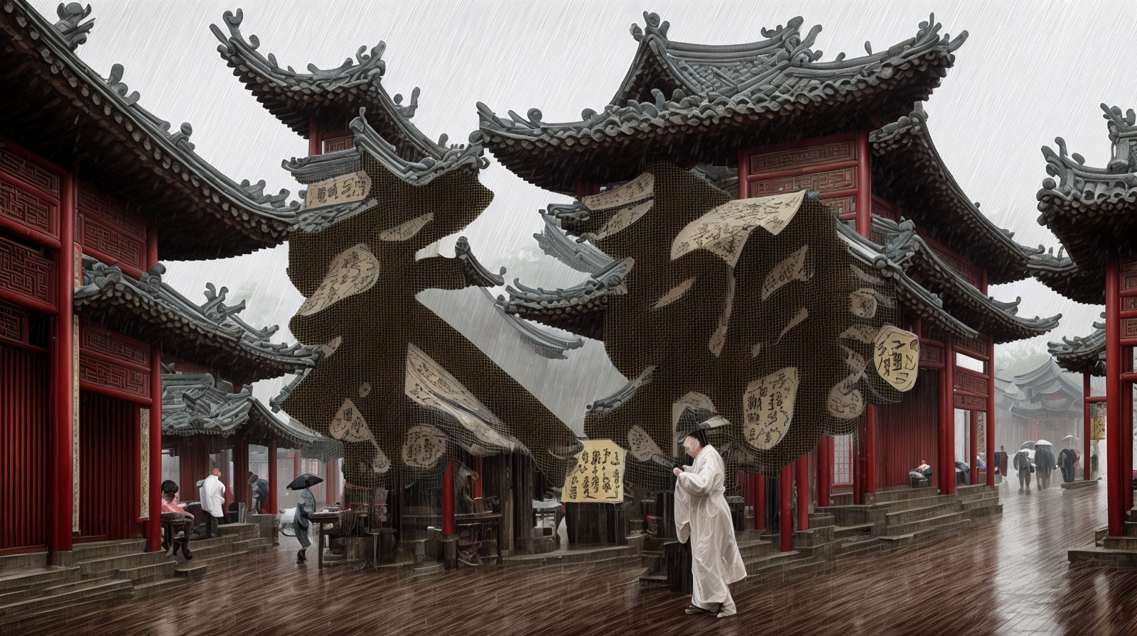 图片展示的是AI短片《AI我华夏》中的一幅光影艺术字图片成品。画面中，一位身穿白色长袍的女子手持油纸伞，站在古色古香的建筑前，建筑上有大大的“华夏”二字，背景是雨中的古建筑群，地面湿滑，有行人撑伞行走。该图片与上下文紧密相关，是对上文提到的光影艺术字控制net参数调整技巧的展示，直观呈现了调整后的效果。
