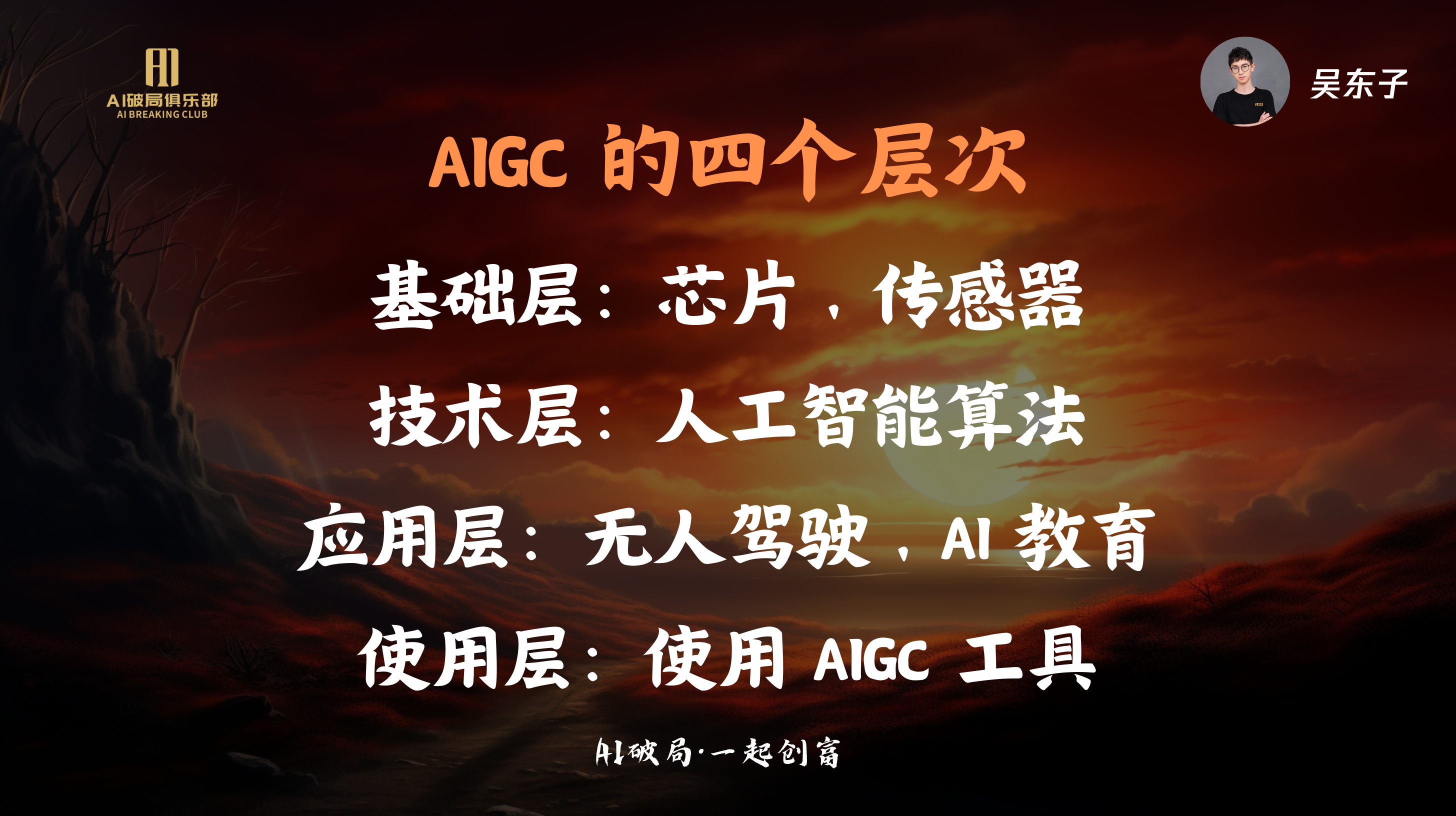 图片展示了AIGC的四个层次，背景为红色渐变的天空与山脉。基础层包括芯片、传感器；技术层是人工智能算法；应用层涵盖无人驾驶、AI教育；使用层是使用AIGC工具。右上角有“吴东子”字样。该图与文档中“AIGC互联网项目”部分内容相关，是对AIGC概念的层次性说明，帮助理解其在不同层面的应用。