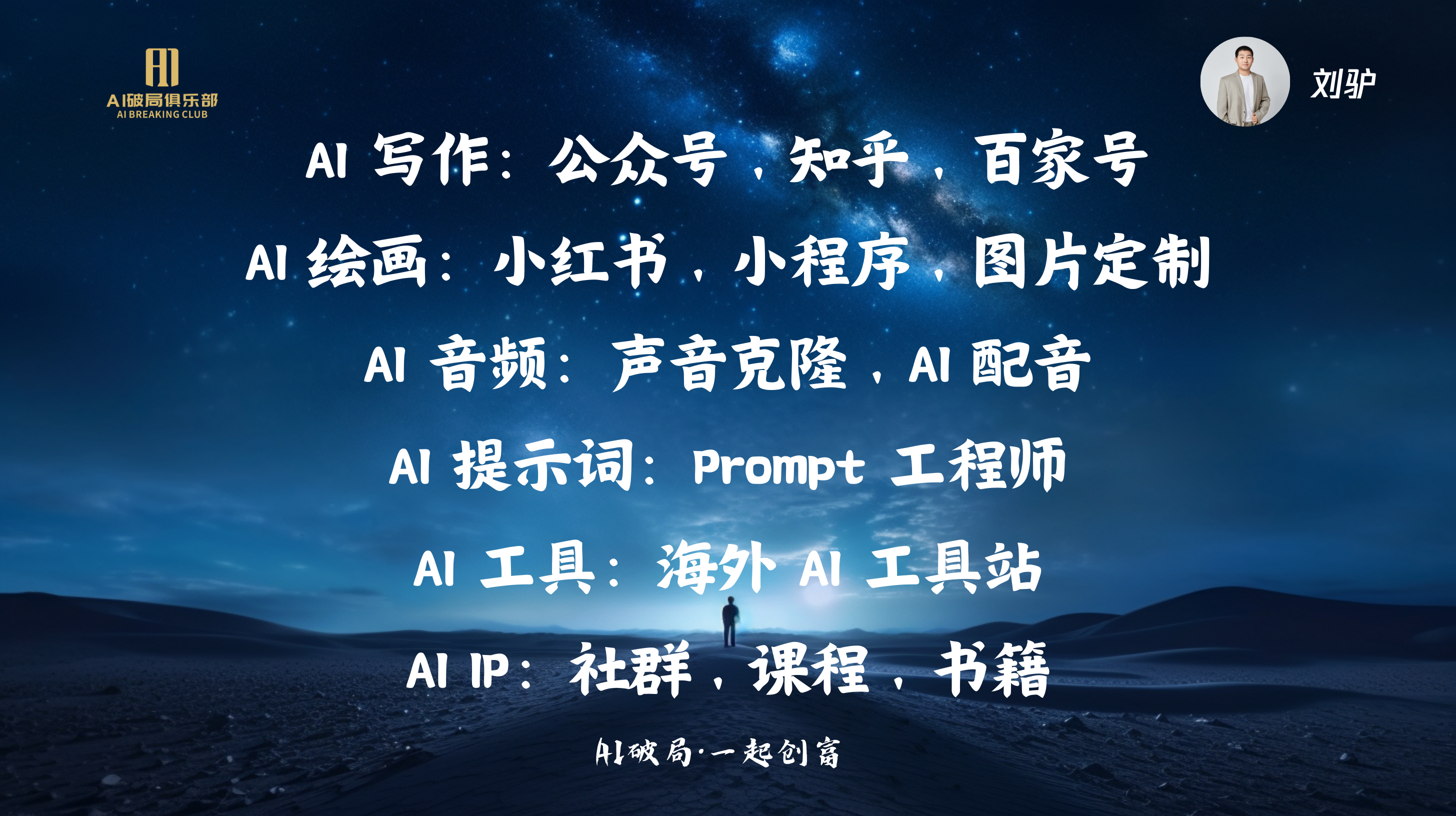图片展示的是刘驴关于AI时代企业切入点的分享内容。背景为夜空下的沙漠景象。图片上方有“AI破局俱乐部”标识及刘驴头像。内容包括AI写作（公众号、知乎、百家号）、AI绘画（小红书、小程序、图片定制）、AI音频（声音克隆、AI配音）、AI提示词（Prompt工程师）、AI工具（海外AI工具站）、AI IP（社群、课程、书籍）等。这些内容与上下文紧密相关，是对刘驴分享的AI时代企业切入点的总结。