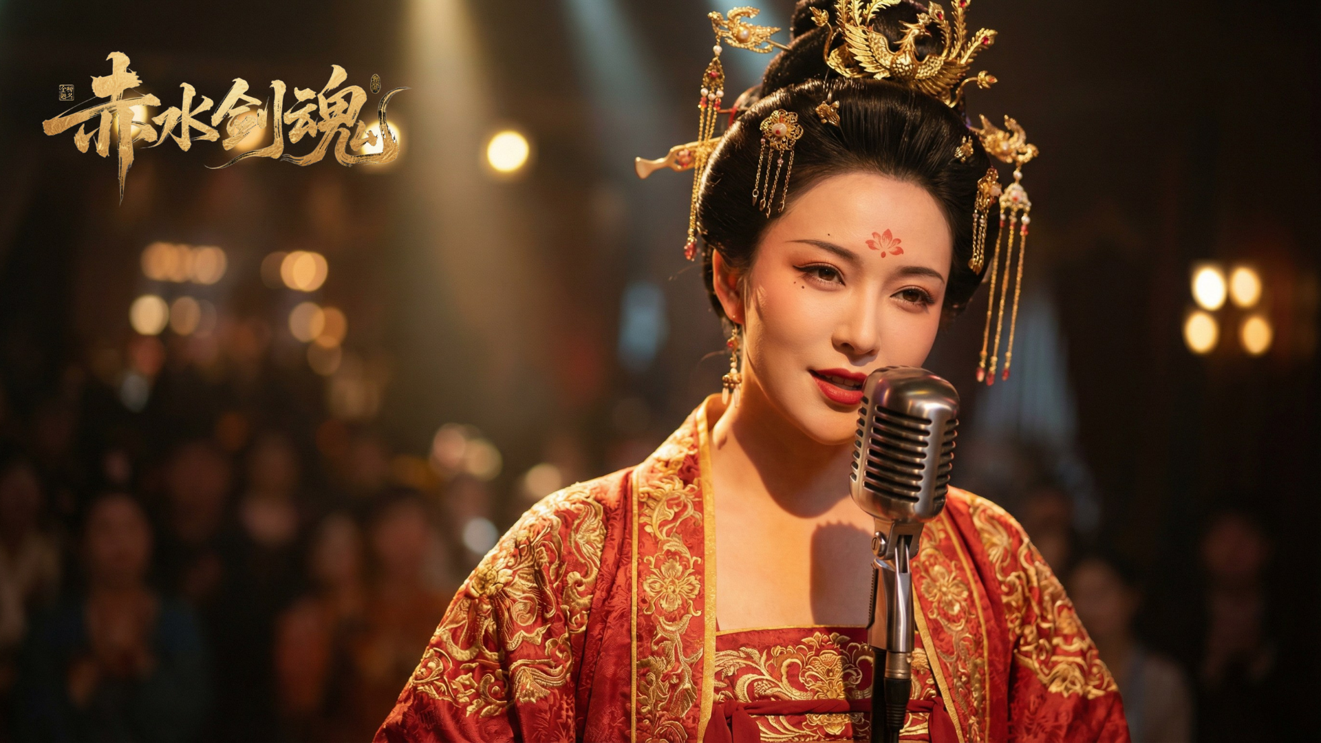 图片展示的是《赤水剑魂》MV中的一位女性角色。她身着华丽的红色古装,头戴金色发饰,面带微笑,正对着麦克风。背景模糊,隐约可见观众和舞台灯光,营造出演唱会现场氛围。图片位于介绍该MV创作流程的文档中,与上下文提到的“以茅台酒为背景,融合中国古代人物的摇滚MV”相呼应,体现了视频中的人物形象与主题风格。