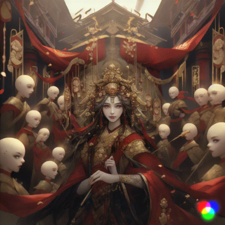 图片展示了一位身穿华丽服饰的女性,头戴金色头饰,面带淡妆,手持权杖,周围环绕着一群身着红色服饰、头戴白色面具的随从。背景为古风建筑,悬挂着红色灯笼和旗帜,营造出一种神秘而庄重的氛围。图片与文档中介绍Runway Gen - 2图像到视频功能的内容相关,可能是展示其生成图像效果的示例。