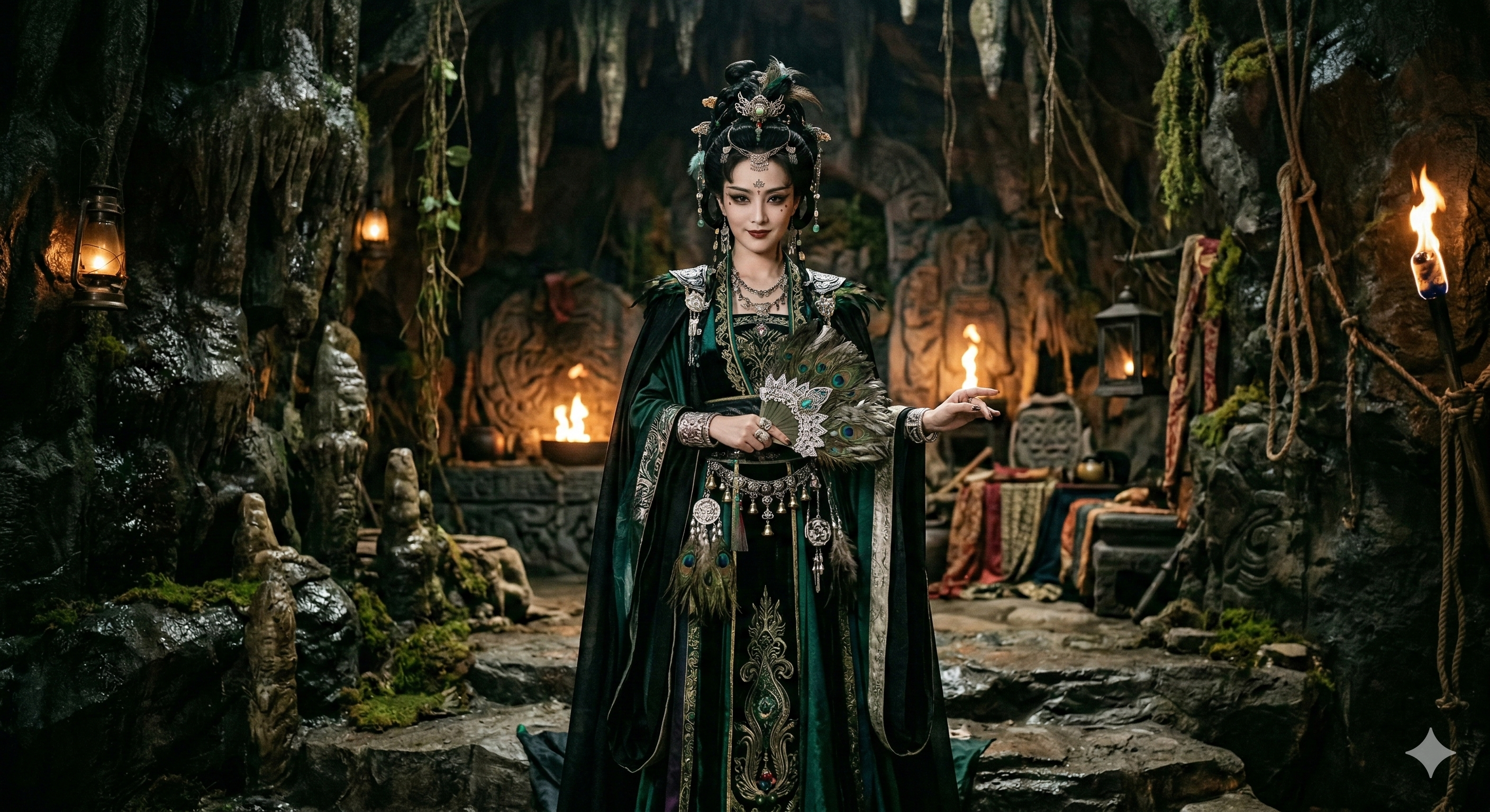 图片展示了一位身着华丽服饰的女性角色,她站在一个类似洞穴的环境中,四周是岩石和藤蔓,地面有石阶。角色头戴繁复的头饰,身穿绿色长袍,袍上装饰有金色花纹,双手捧着一个物品。背景中有火把和一些装饰物,营造出一种神秘的氛围。此图与文档中“空间构建与延伸”部分内容相关,可能是用于展示视频中角色所处的场景环境。