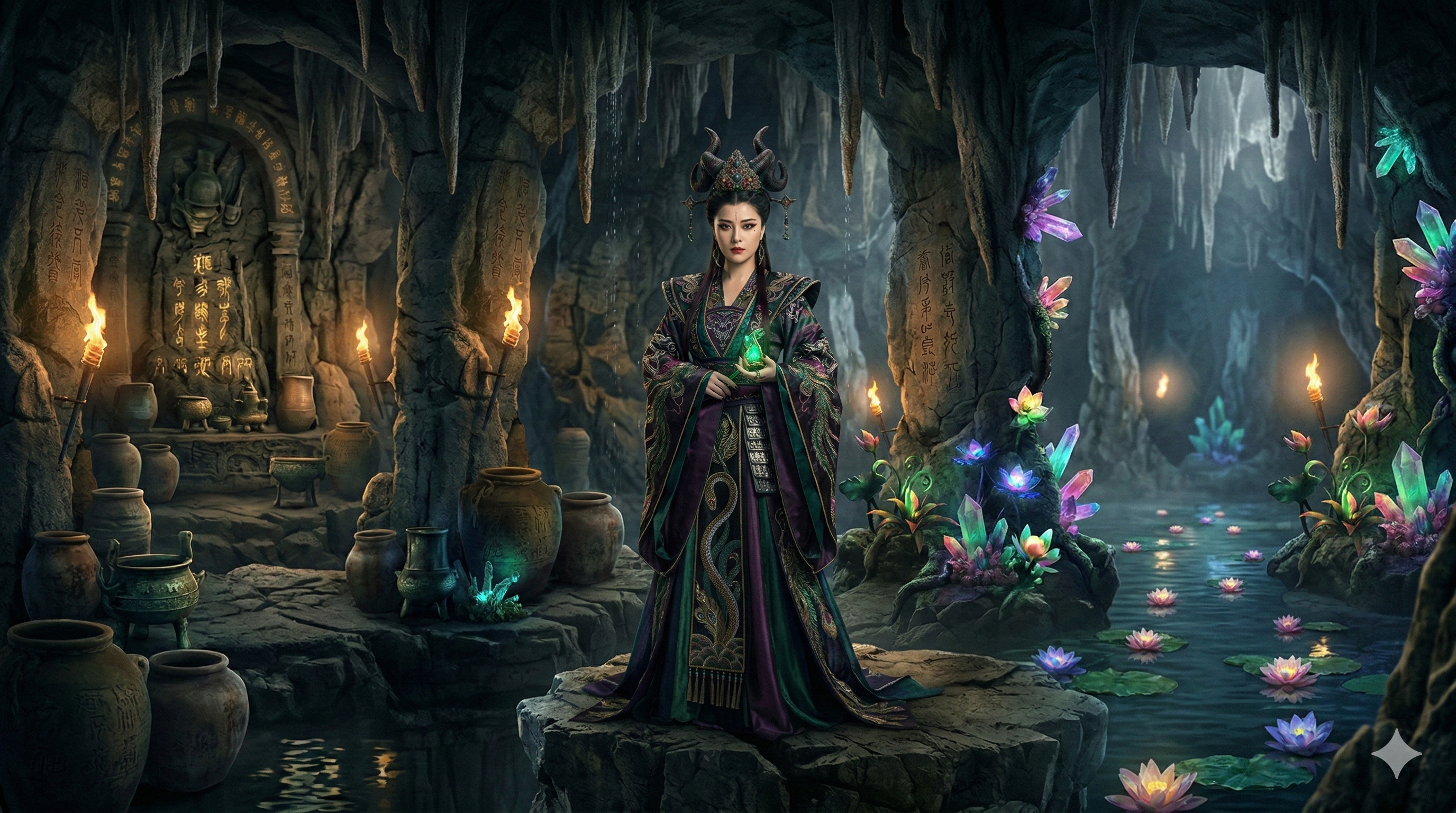 图片展示了一个奇幻场景,背景为洞穴,洞壁上悬挂着冰柱,地面摆放着陶罐。画面中央是一位身着华丽服饰的女性,她手持绿色光球,周围环绕着紫色、粉色的花朵和发光的植物。洞穴内有几处火光,增添了神秘氛围。此图与文档中“空间构建与延伸”部分内容相关,可能是用于展示Seedance 2.0短视频制作中空间构建的场景效果。