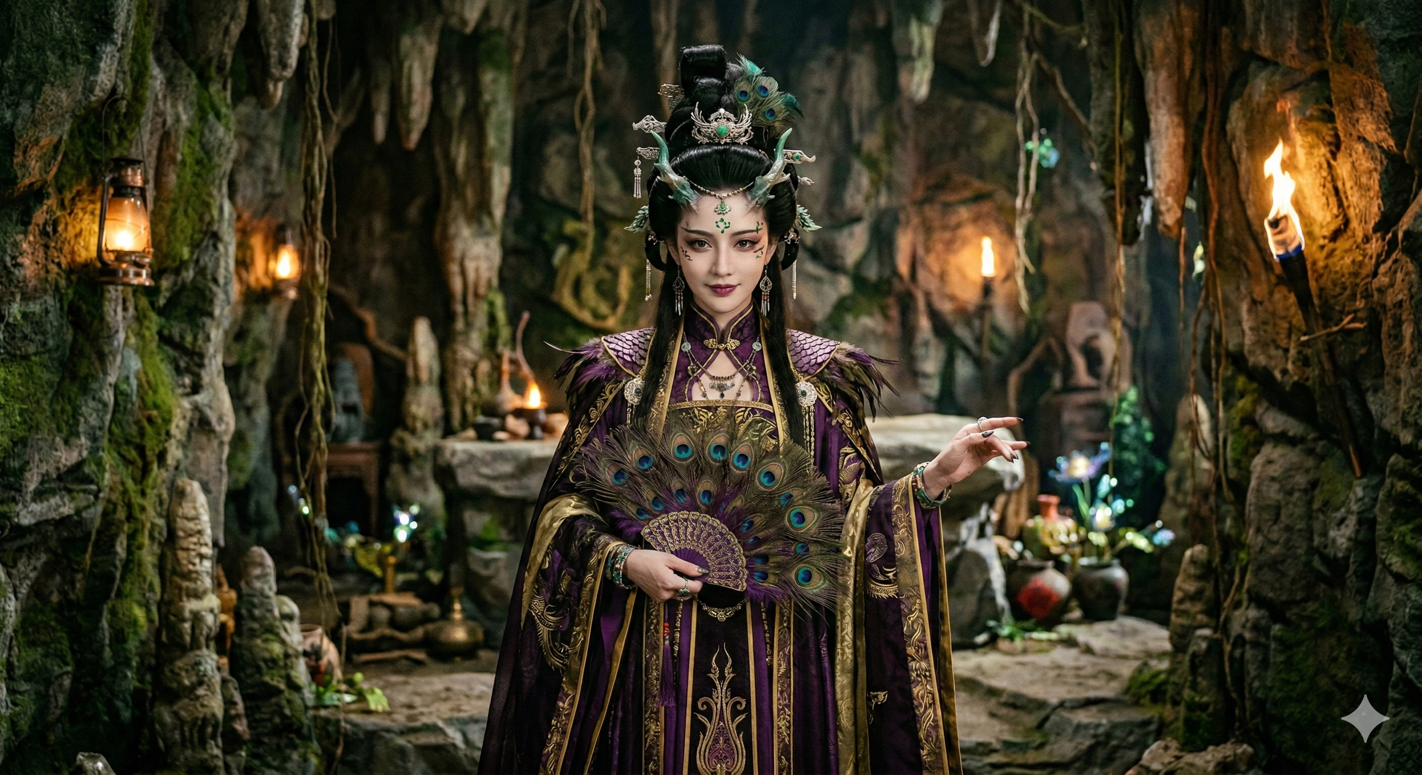 图片展示了一位身着华丽古装的女性角色,她头戴精致的发饰,手持一把扇子背景是一个充满神秘氛围的洞穴场景,四周挂有藤蔓,地面摆放着石块和一些装饰物,背景中有火光。此图与文档中“空间构建与延伸”部分内容相关,可能是用于说明视频制作中空间构建的场景设计,体现角色在特定环境中的呈现效果。