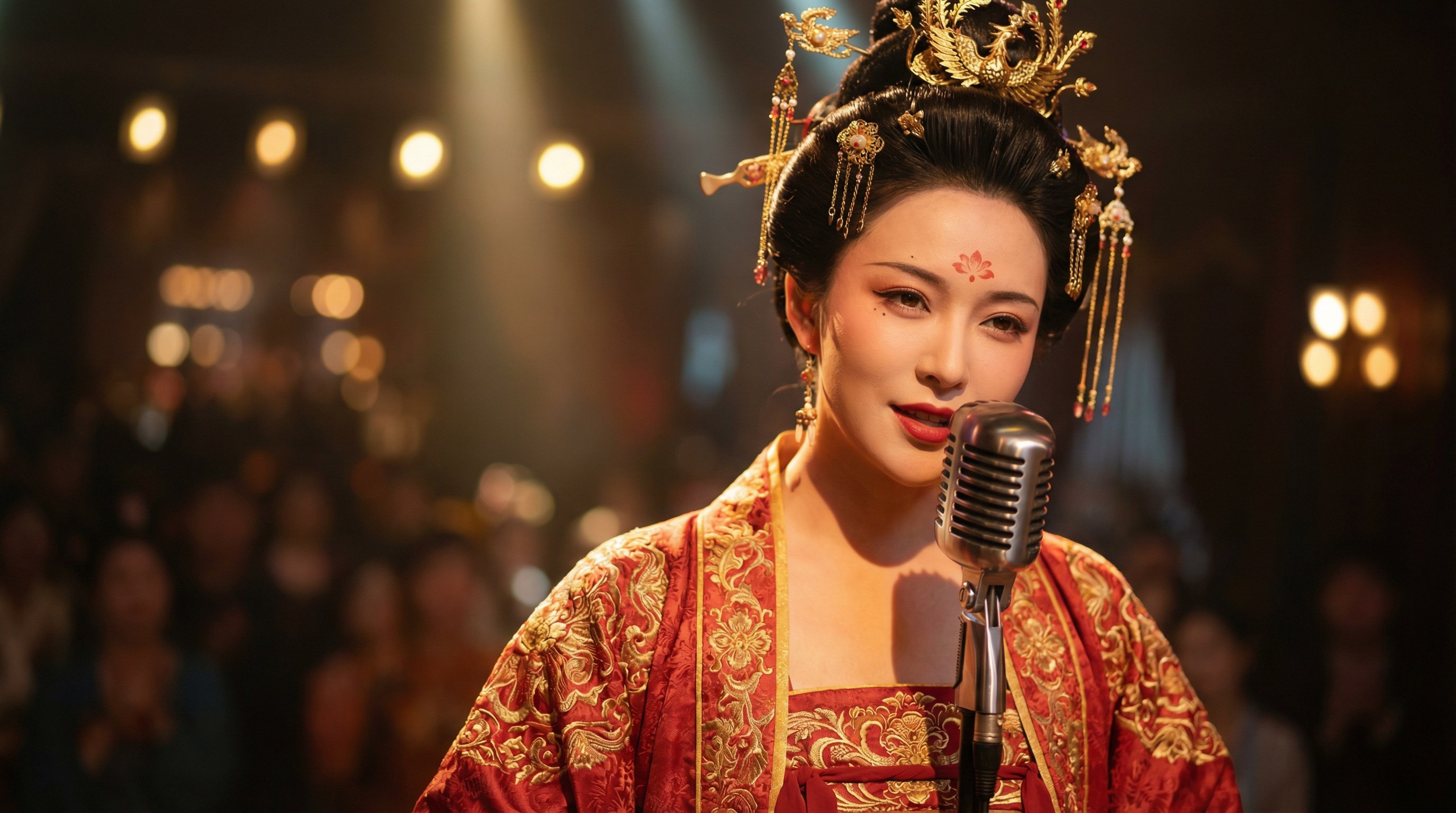 图片展示了一位身着华丽古装的女性,她头戴金色发饰,面带精致妆容,身着红色带有金色花纹的服饰,手持麦克风,背景为模糊的观众和灯光,营造出演唱会现场氛围。该图片与文档中“选定主角——古代人物PK”部分内容相关,最终决定以李白为主角,并组建古代摇滚乐队,此图可能是其中一位乐队成员的呈现,体现了古代人物与现代摇滚元素的结合。