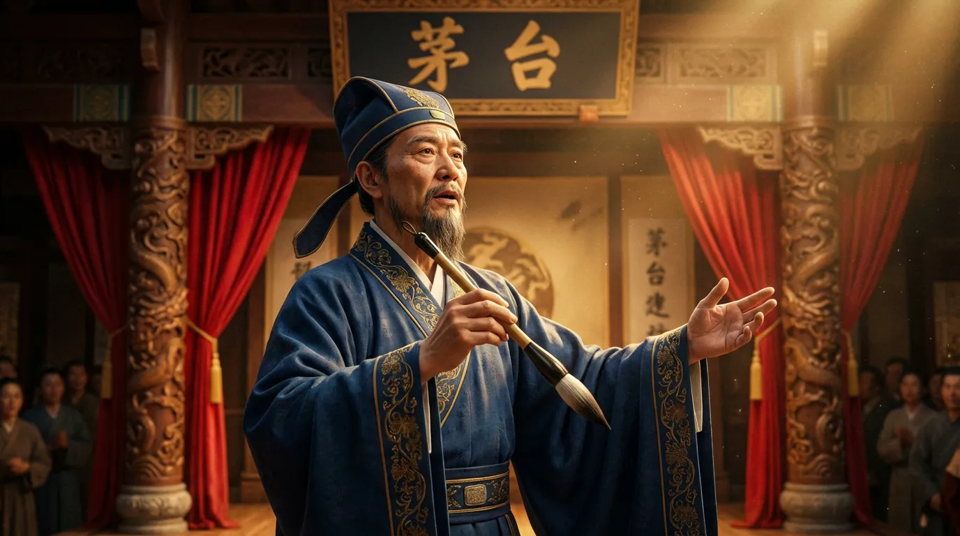 图片展示的是茅台MV中苏角色杜甫的形象。他身着传统蓝色长袍,手持毛笔,神情专注,背景为古色古香的建筑,两侧有红色窗帘,上方悬挂“茅台”牌匾。画面右侧有“茅台建设”字样。此图作为杜甫的主图,后续将用于生成杜甫弹弹吉他、沉思、侧面等不同场景下的形象,体现人物一致性。