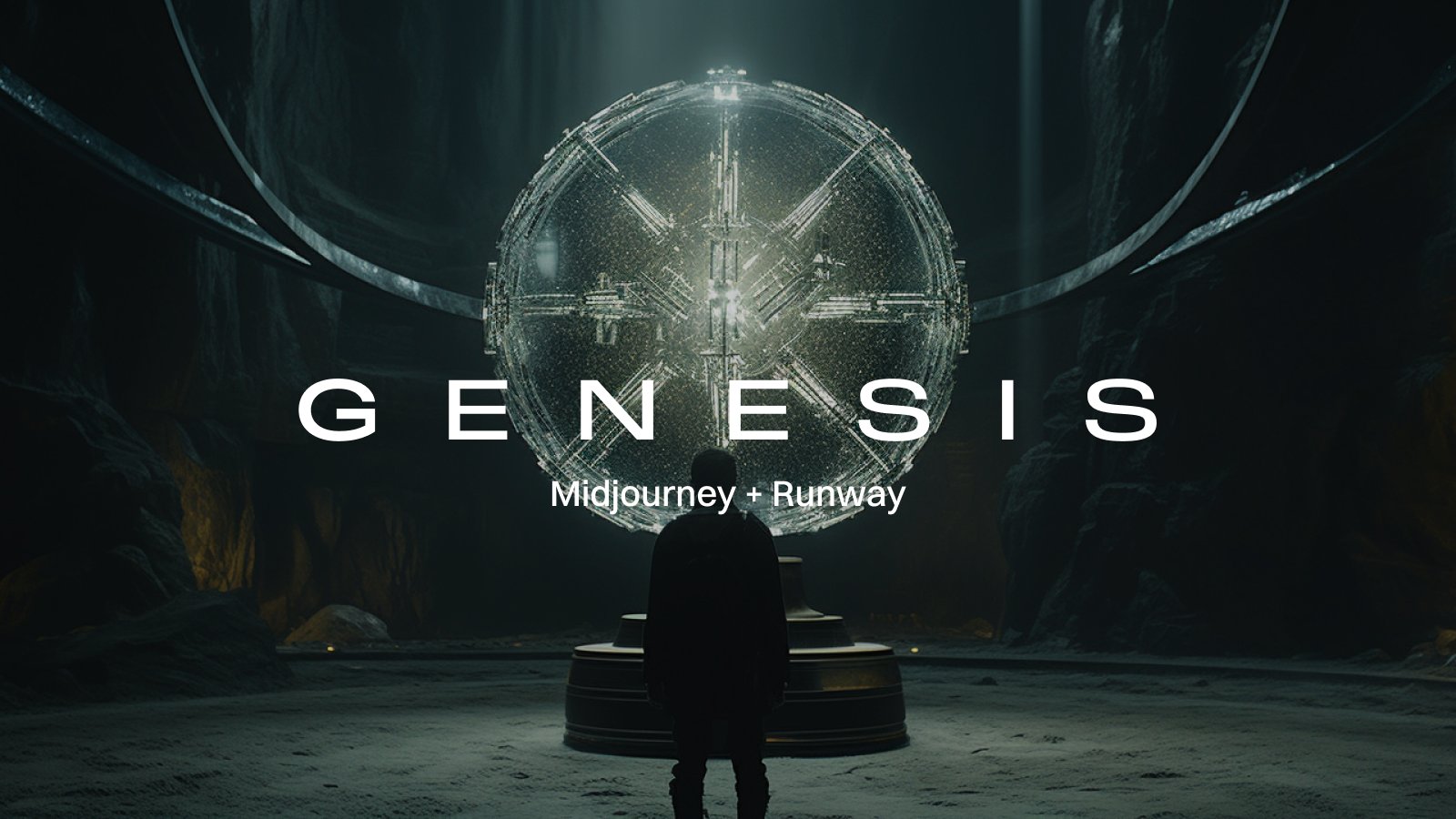 图片展示的是预告片《GENESIS创世纪》的标题画面。画面中央是一个发光的球体,球体上刻有复杂的图案,周围环绕着金属结构。球体上方大字显示“GENESIS”,下方小字标注“Midjourney + Runway”。画面背景为暗色调,营造出一种神秘、科技感十足的氛围。该图片位于介绍预告片制作过程的文档开头部分,起到吸引读者注意、展示作品主题的作用。