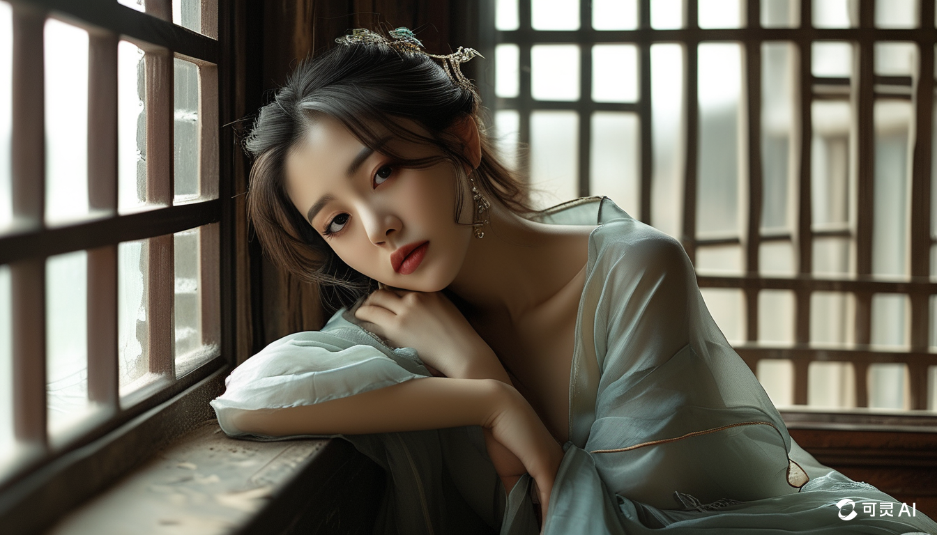 图片展示了一位身着淡蓝色古装的女子,倚靠在窗边,姿态优雅。她头戴精致发饰,面带淡妆,眼神含情,手托下巴,神情略显忧郁。背景为木质窗格,窗外景色模糊。右下角有“可灵AI”标识。该图是文档中介绍可灵AI根据《水调歌头》创作的古典意境画面之一,体现了AI在现代审美与传统意境间的平衡创作能力。