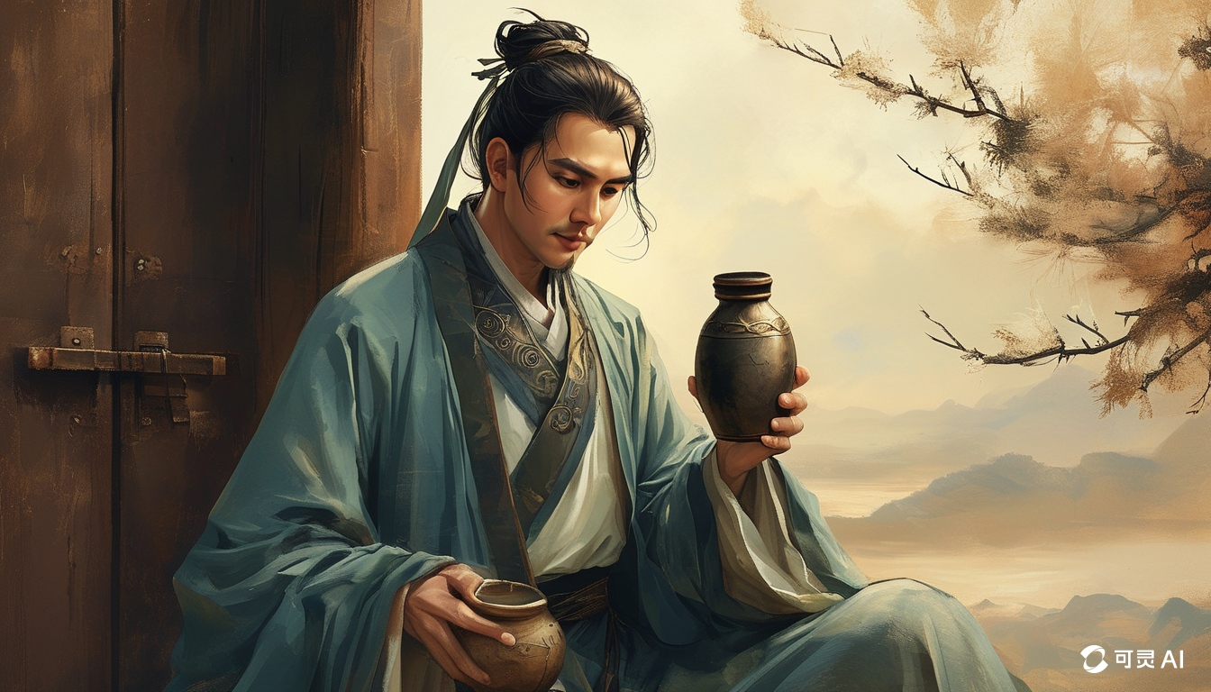 图片展示了一位身着传统汉服的男子,他盘腿坐在木制长椅上,手持两个陶罐,背景是朦胧的山水景色和枯枝。男子长发束于脑后,面带严肃表情,目光望向画面左侧。画面右侧有“可灵AI”标识。该图是可灵AI根据“水调歌头·中秋”诗词描述生成的图像,体现了现代审美与传统意境的结合,与上下文介绍的可灵AI生成古典诗词意境画面的内容相契合。