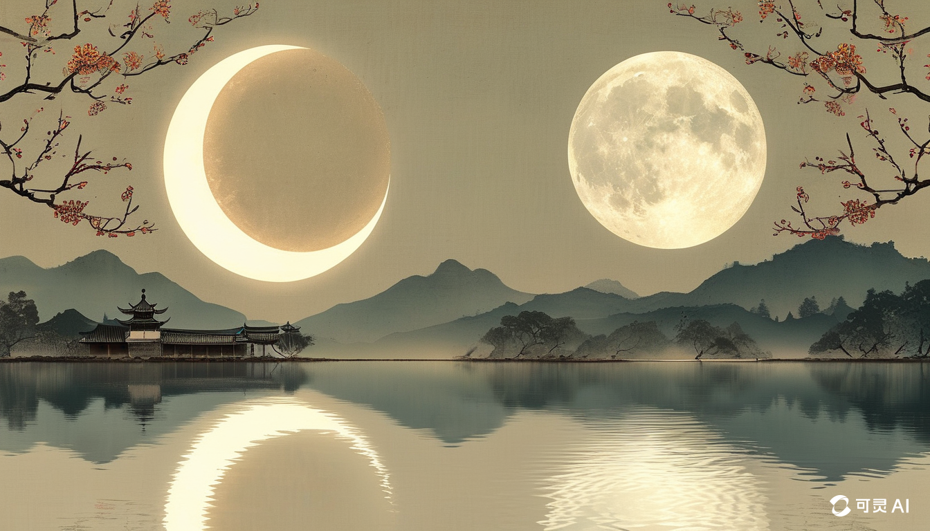 图片展现了可灵AI生成的符合古典诗词意境的画面。画面中有一轮弯月和一轮满月高悬于空中,周围有几枝点缀着红色花朵的树枝。下方是平静的湖水,湖面倒映着空中的月亮,远处有山峦和古式建筑。整体营造出一种宁静悠远的氛围。这张图片与上下文关系紧密,是对上文提到的可灵AI能够依据描述创造出符合古典诗词意境画面的直观呈现,体现了其在现代审美和传统意境间的平衡创作。