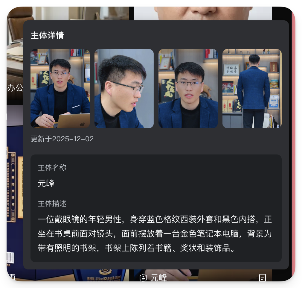图片展示的是可灵视频O1模型的主体素详情界面。