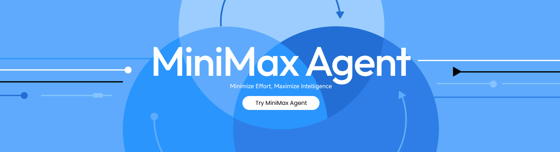 图片展示的是MiniMax Agent的宣传图。背景为蓝色，中间大圆内有“MiniMax Agent”及“Minimize Effort, Maximize Intelligence”字样，下方有“Try MiniMax Agent”按钮。图片位于介绍MiniMax一口气更新的三个重磅产品之一的通用智能体MiniMax Agent的上下文之后，与上下文紧密相关，直观呈现了MiniMax Agent的品牌标识及宣传语，引导用户尝试该产品。