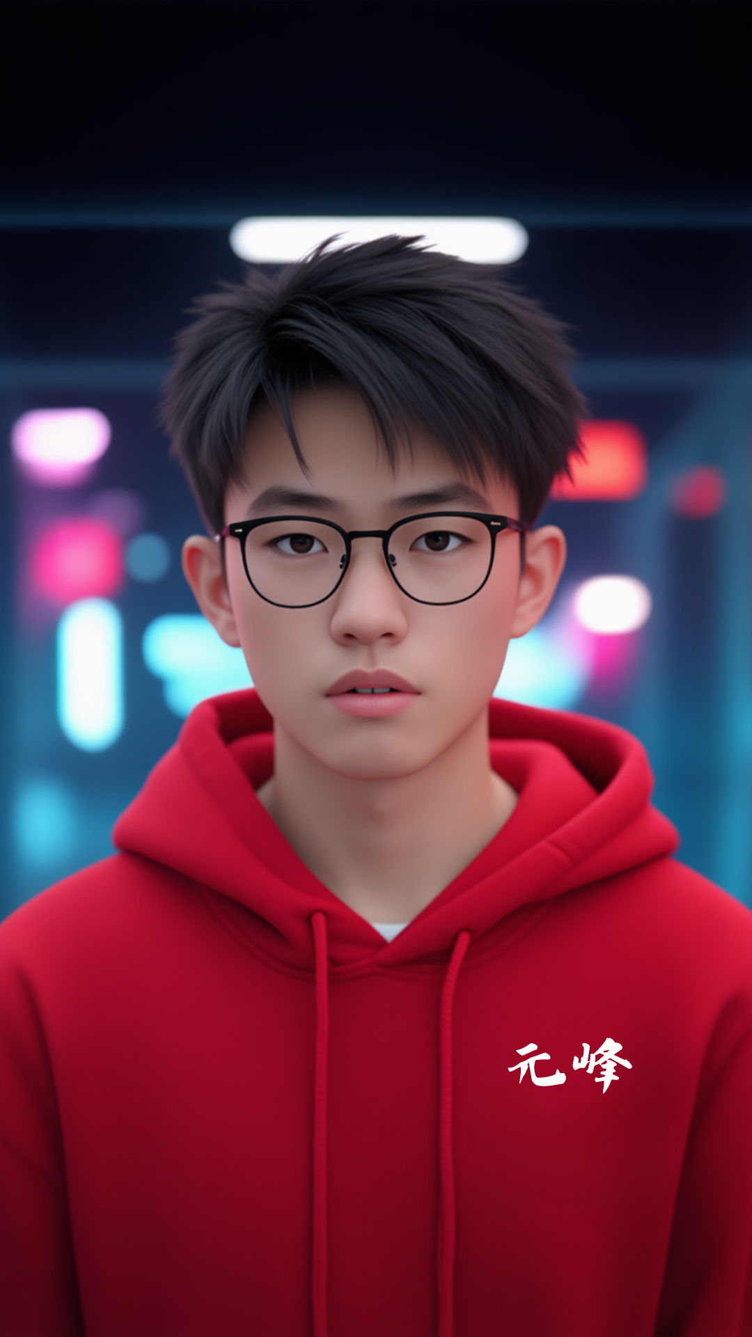 图片展示了一位年轻男孩，他穿着红色连帽衫，戴着眼镜，背景为模糊的彩色灯光。图片右下角有“元峰”字样。该图片对应文档中第二组测试“卡通人物口播”的内容，是即梦3.0 Pro生成的视频画面，提示词为“年轻男孩穿着红色连帽衫，自然地对着镜头进行口播，动作自然，固定镜头”。