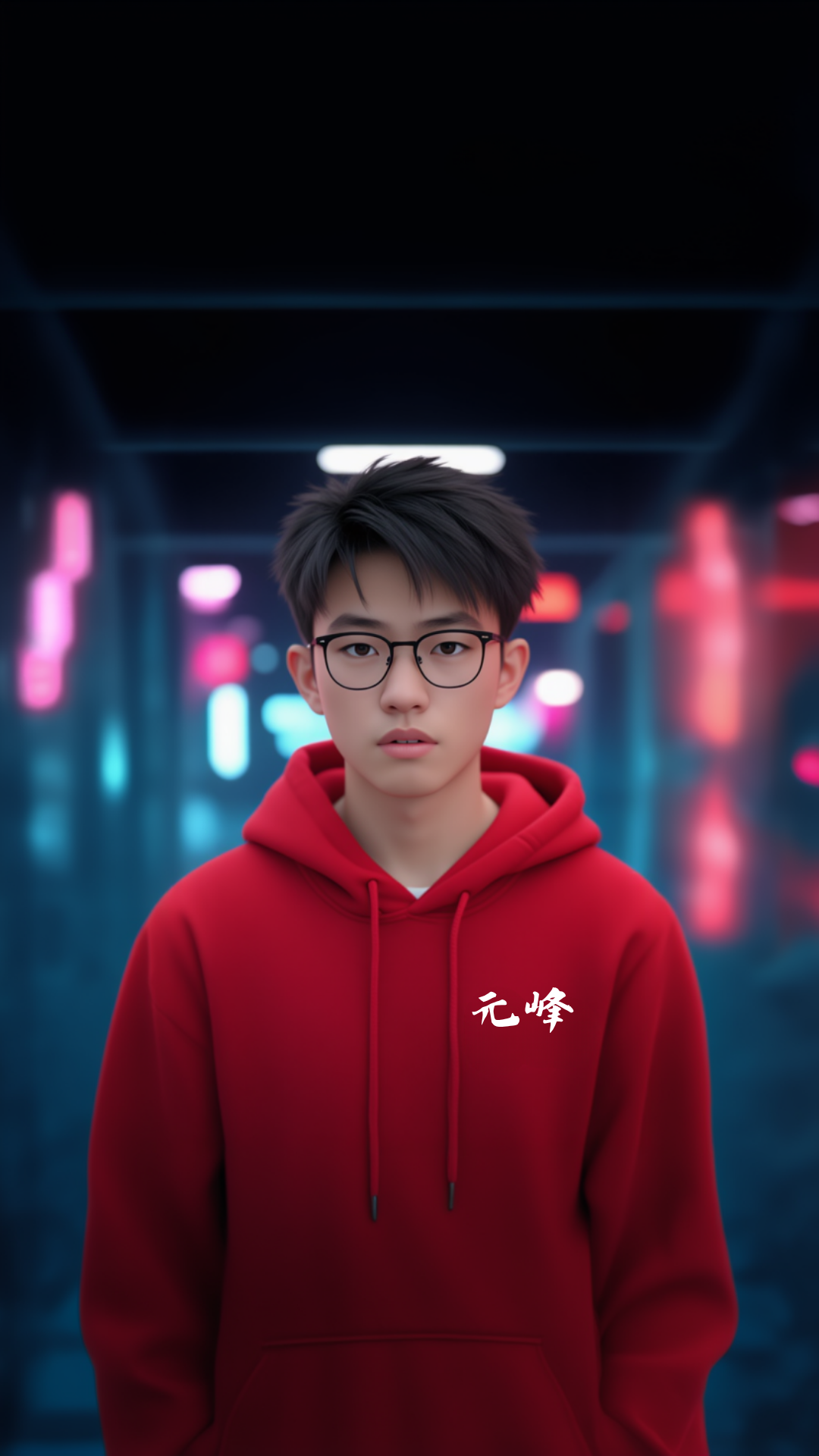 图片展示了一位年轻男孩，他穿着红色连帽衫，衣领处有白色“元峰”字样，双手自然下垂，站在一个带有蓝色和红色灯光的走廊里。男孩戴着眼镜，表情自然，背景灯光营造出科技感氛围。该图片与文档中第二组测试“卡通人物口播”的内容相关，是即梦3.0 Pro生成的视频画面，用于展示其生成人物形象的效果。