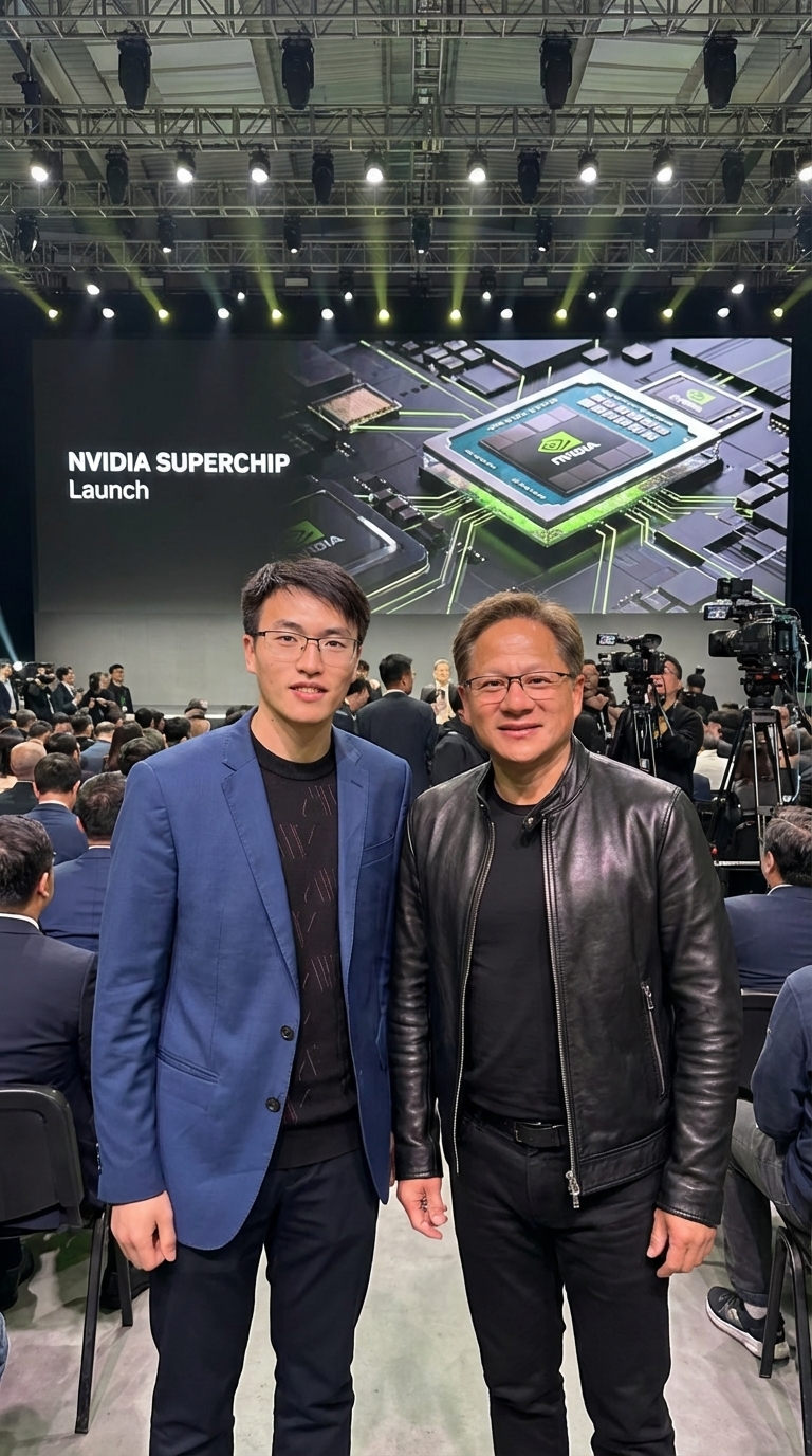 图片展示了两位男士在NVIDIA Superchip Launch活动上合影的场景。左侧男士戴眼镜，穿蓝色西装，右侧男士戴眼镜，穿黑色皮夹克。背景为NVIDIA的宣传大屏，显示“NVIDIA SUPERCHIP Launch”字样及芯片图案，大屏上方有多个吊灯，下方是观众席，部分观众手持相机。此图与文档中“与黄仁勋”合影的实战案例相关，可作为参考。