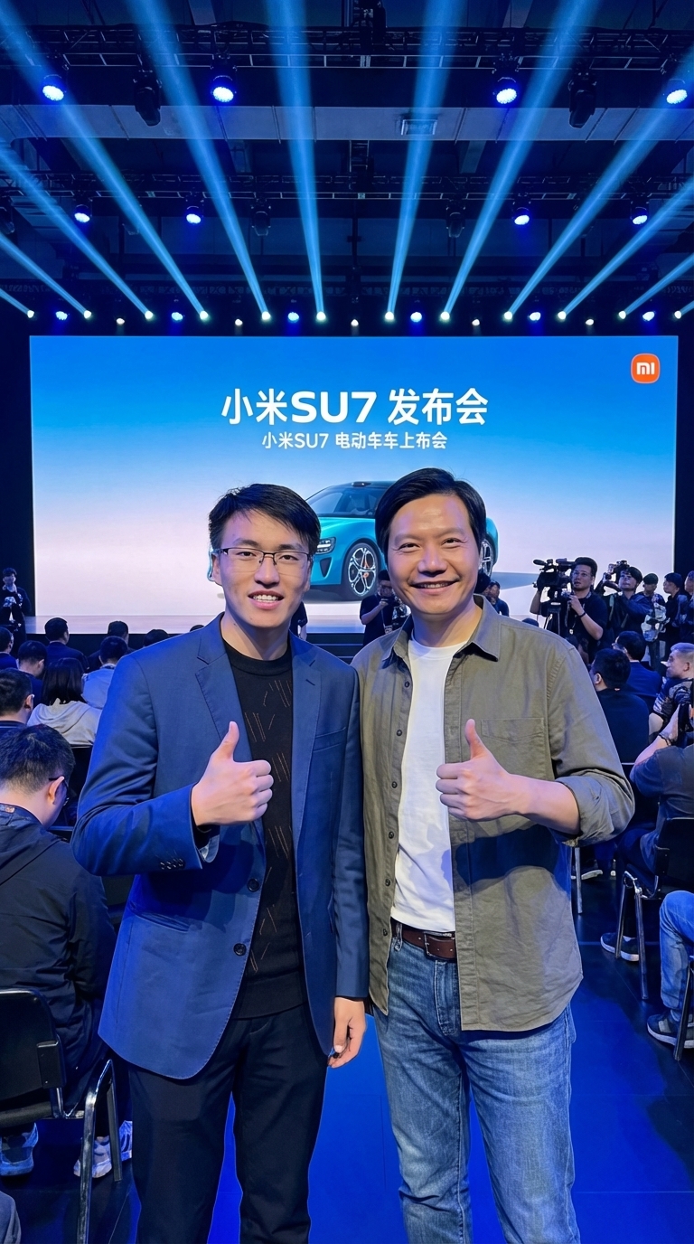 图片展示了小米SU7发布会现场，背景大屏幕上显示“小米SU7发布会 小米SU7 电动车车上市会”及一辆蓝色电动车。两位男士站在台前，左侧男士穿着黑色西装，右侧男士穿着浅色衬衫和牛仔裤，两人都竖起大拇指，面带微笑。现场还有摄影师和观众，灯光效果突出。此图与文档中“与雷军”合影案例相关，展示了实际合影效果。