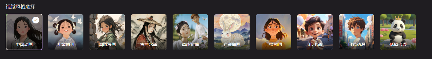 图片展示的是美图MOKI的视觉风格选择界面。界面上方显示“视觉风格选择”,下方有多个风格选项,每个选项为一张图片,配有风格名称。其中“中国动画”风格被选中,其图片为一位长发女子。其他风格包括儿童期刊、国风漫画、古典水墨、童趣布偶、岩彩壁画、手绘插画、3D卡通、日式动漫、低模卡通等。该图片与文档中“前期设定”部分的视觉风格选择内容相关,展示了可供选择的多种风格样式。