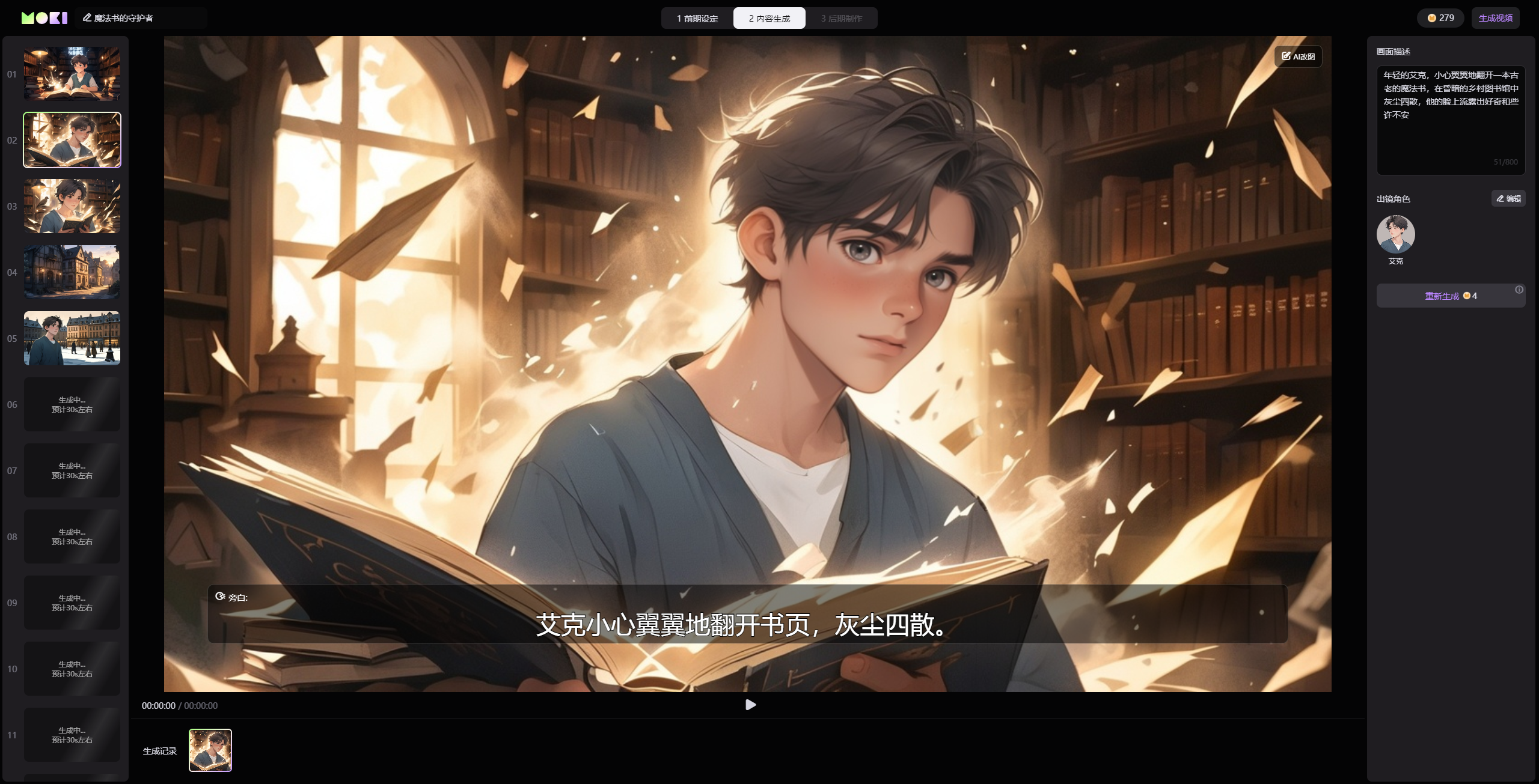 图片展示的是美图MOKI生成的分镜画面之一。画面中,一位年轻男子坐在书桌前,专注地看着手中的书本,书页上似乎有魔法符号。背景是充满书籍的书架,阳光透过窗户洒入,营造出温暖的氛围。画面下方有文字“艾克小心翼翼地翻开书页,灰尘四散。”该画面是MOKI根据故事脚本生成的23个画面中的一帧,其中20个画面包含主角,3个为空镜画面。