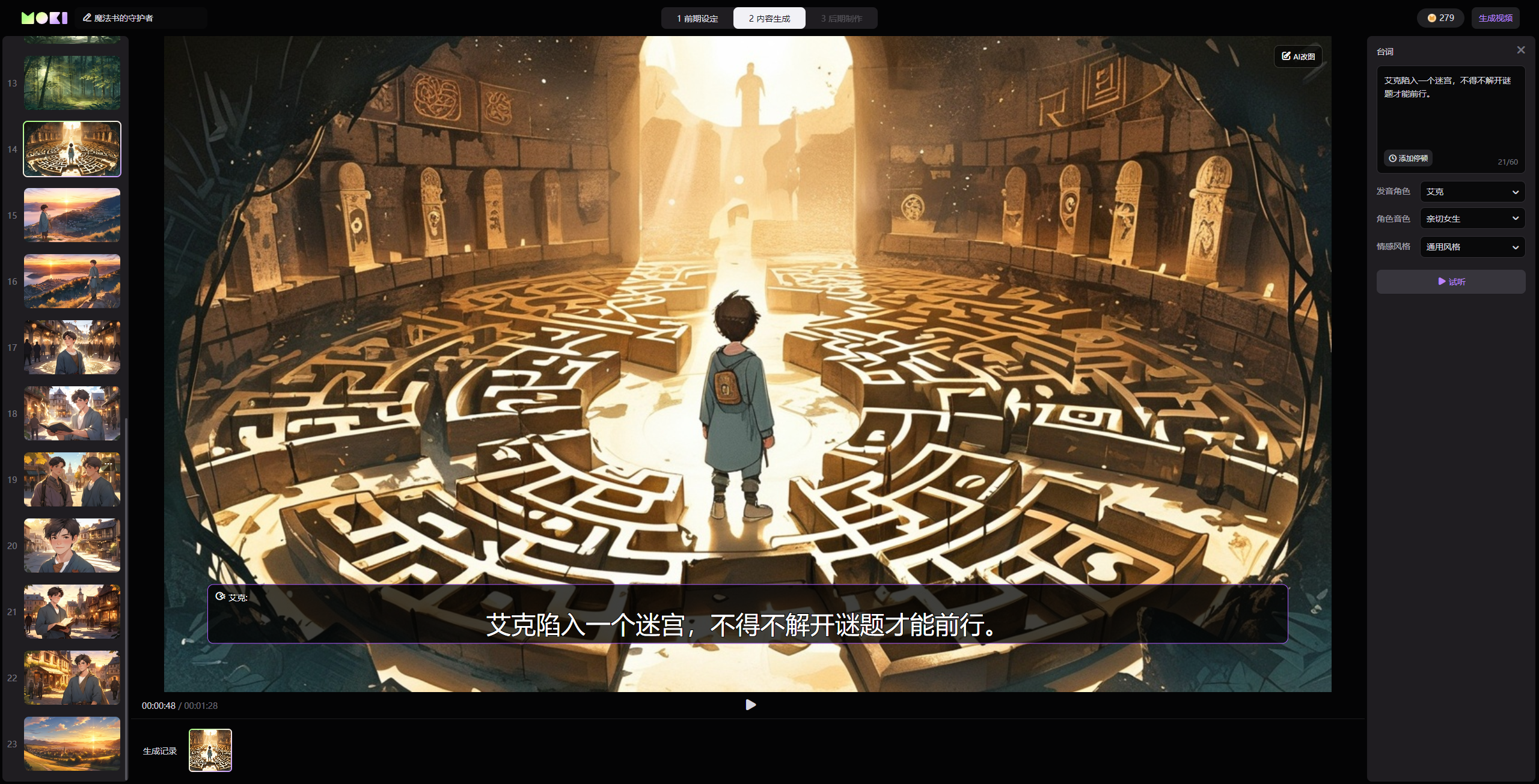 图片展示的是美图MOKI生成的分镜画面,画面中艾克陷入一个迷宫,不得不解开谜题才能前行。画面背景为昏暗的迷宫,地面有复杂的图案,远处有高塔。画面左下角有多个分镜缩略图,右上角有“生成分镜画面”按钮。右下角有“生成”按钮,旁边有“生成”“生成20个”“生成20个(包含主角)”“生成20个(包含主角,空镜)”选项。该图片与上下文介绍的美图MOKI内容生成阶段相契合,直观呈现了生成画面的效果。