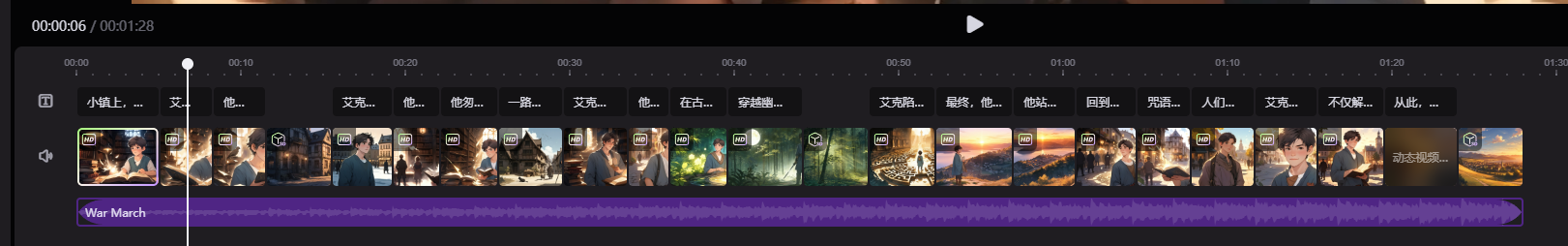 图片展示的是美图MOKI视频生成软件的剪辑界面。画面中显示视频时长为1分12秒,时间轴上有多个视频片段,每个片段下方有对应标题,如“小镇上...”“艾克...”等。画面左下角有播放按钮,右上角有播放进度条。该图片与上下文紧密相关,是对上文提到的“选择一个合适的背景音乐,便终于可以导出最终的视频作品”这一环节的展示,直观呈现了视频剪辑的界面情况。