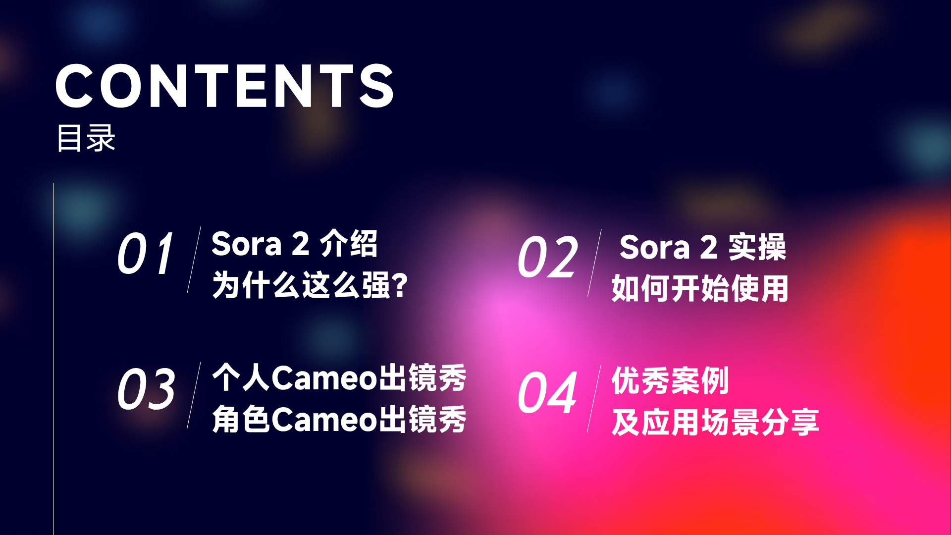 图片为文档目录页，背景为深色渐变，配有彩色光斑。目录内容分为四部分：01为Sora 2介绍，为何这么强？02为Sora 2实操，如何开始使用？03为个人Cameo出镜秀、角色Cameo出镜秀，04为优秀案例及应用场景分享。该图片位于文档开头，是对后续内容的纲要呈现，为读者明确接下来将学习和了解Sora 2的相关知识和应用。