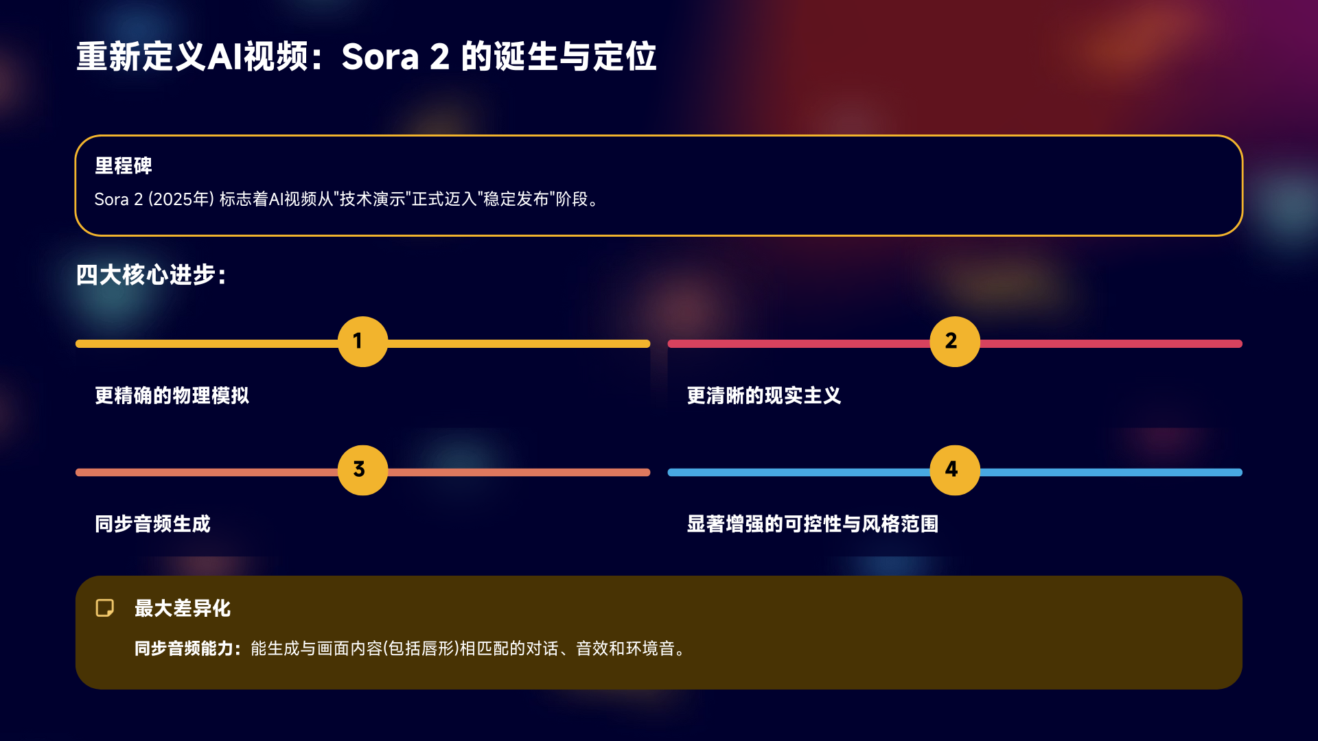 图片展示了Sora 2的诞生与定位。2025年Sora 2标志着AI视频从“技术演示”正式迈入“确定发布”阶段。其四大核心进步为更精确的物理模拟、更清晰的现实主义、同步音频生成、显著增强的可控性与风格范围。最大差异化是同步音频能力，能生成与画面内容（包括口型）相匹配的对话、音效和环境音。该图与上下文紧密相关，直观呈现了Sora 2的核心进步及最大差异化。