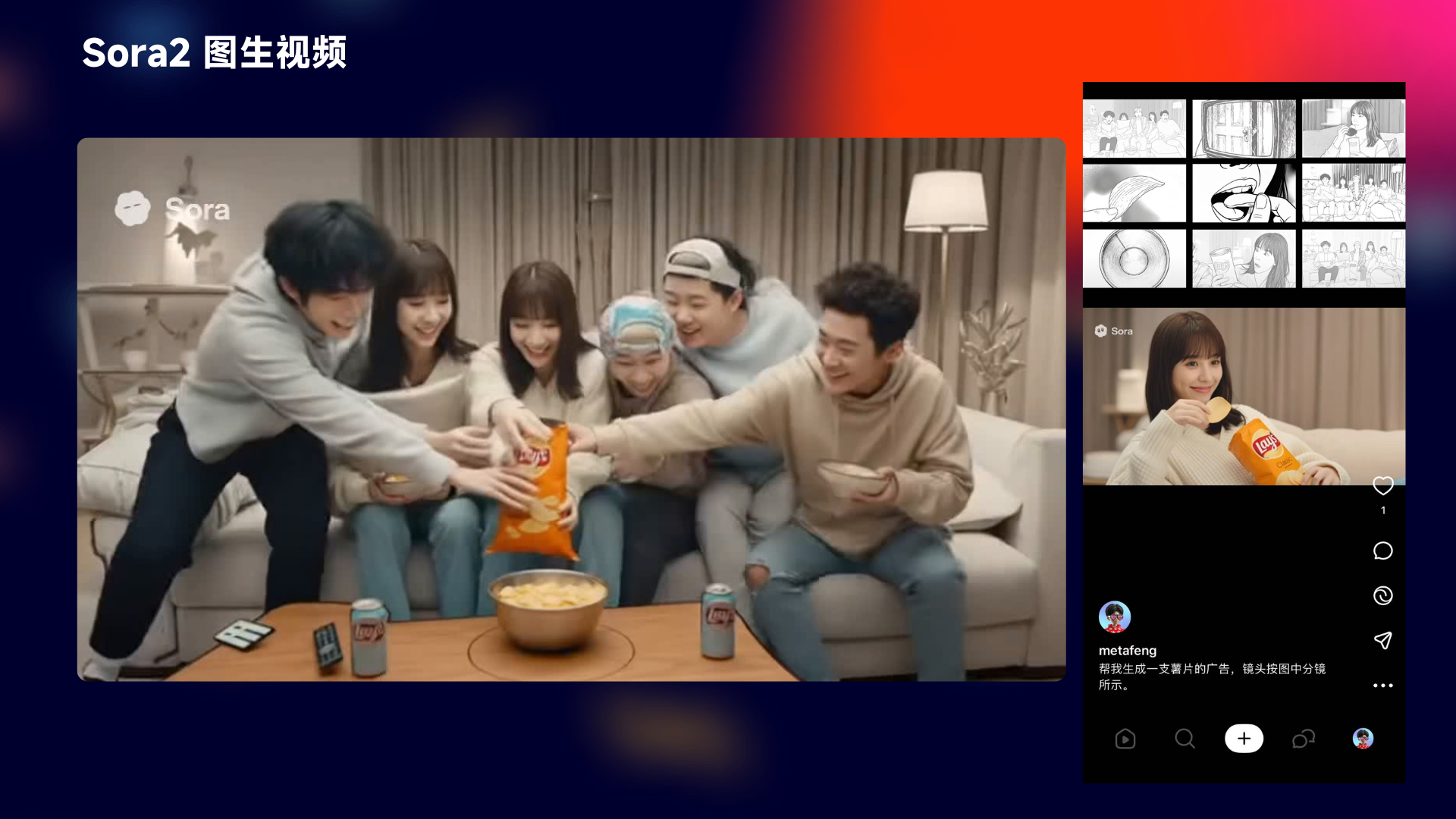 图片展示了Sora2图生视频的玩法，左侧是一群人在沙发上围坐，手中传递着一包零食，背景为室内环境。右侧是该视频的分镜图，呈现了不同角度和场景的黑白画面，包括室内场景、人物特写等。该图片与上下文“玩法三：图生视频（分镜图）”相关，直观呈现了Sora2根据分镜图生成视频的功能效果。