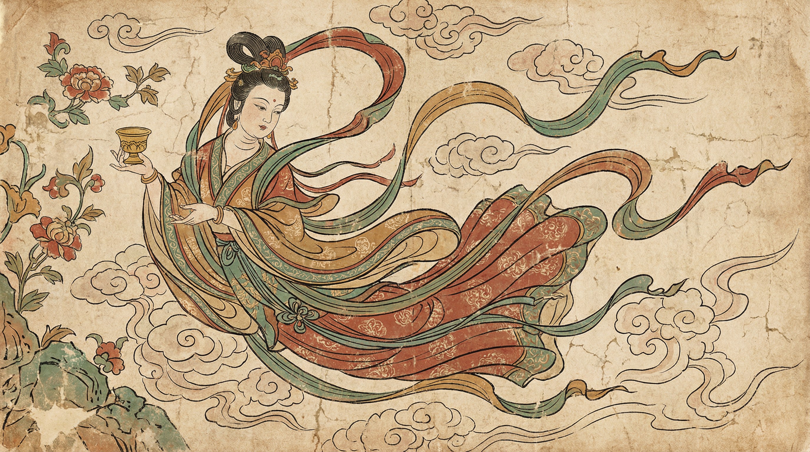 图片展示了一幅古风插画,画面中一位身着华丽服饰的女子飘浮于云间,手持酒 addCriterion感谢您的反馈,我会注意的。
