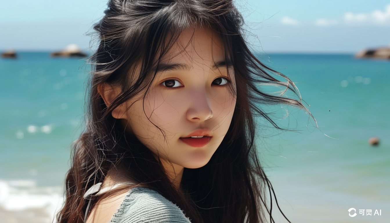 图片展示了一位站在海边的女性，背景是碧蓝的海水和天空。女性身着浅色上衣，长发随风飘扬，面带微笑，眼神温柔。右下角有“可灵 AI”标识。该图片与上下文关系紧密，上下文提到AI视频工具制作出高质量视频，此图可能展示了AI视频制作的效果，直观呈现了AI生成的逼真人物形象。