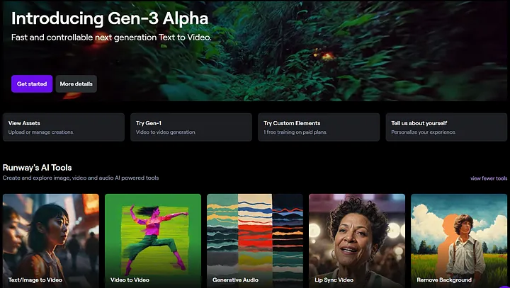 图片展示了Runway Gen-3 Alpha的界面。上方标题为“Introducing Gen-3 Alpha”，介绍其为快速且可控的新一代文本转视频工具。下方有“Get started”和“More details”按钮。中部有“View Assets”等操作选项。底部“Runway’s AI Tools”部分，展示了“Text/Image to Video”等AI工具示例，如一位女性在城市街道上行走、一位女性在绿色背景中跳舞等，体现了其在图像、视频和音频AI方面的应用。