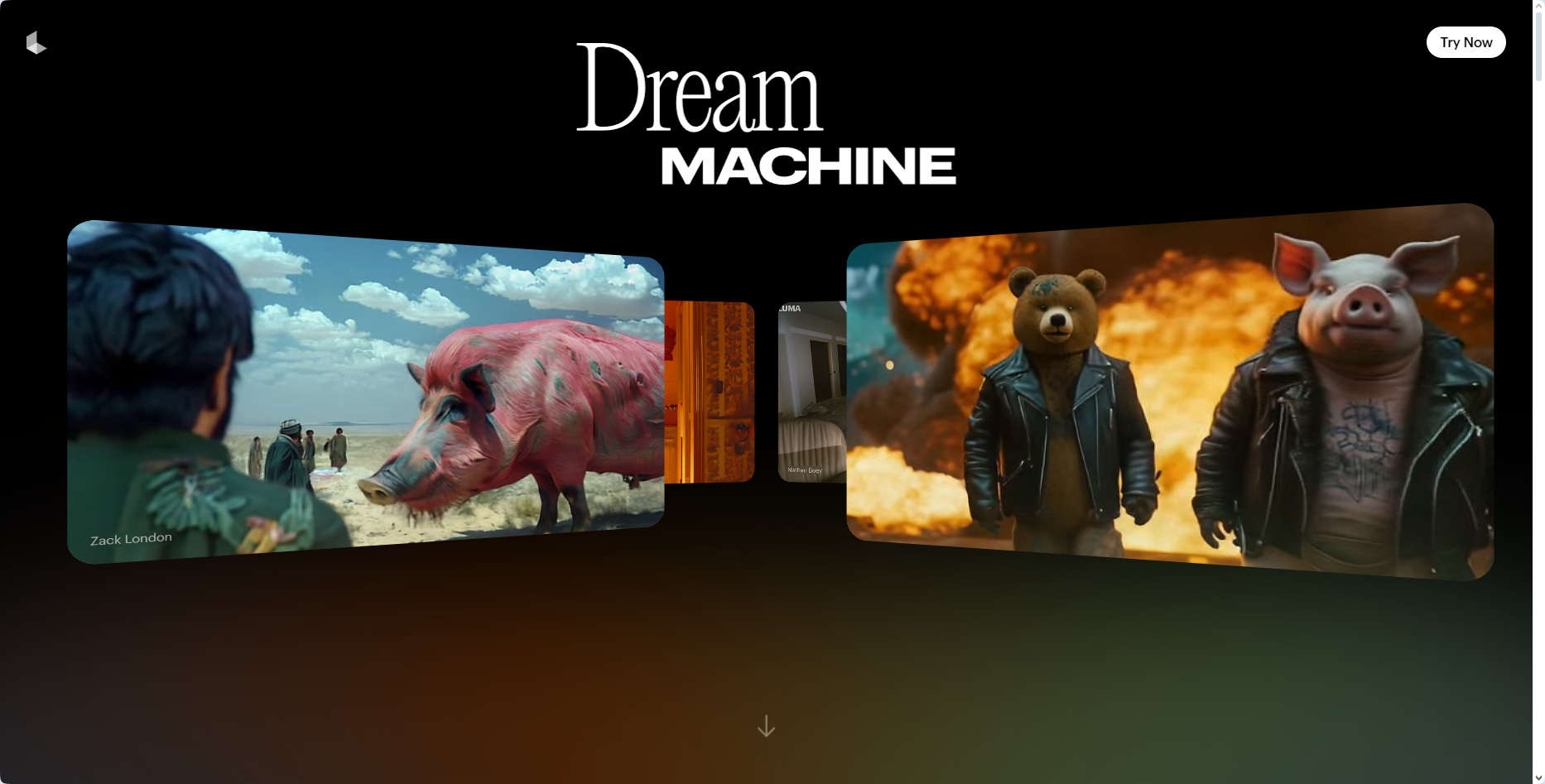 图片展示了Luma AI推出的Dream Machine模型的示例视频片段。左侧视频中，一个黑发男子背对镜头，面对一头粉红色的猪，背景是蓝天白云下的开阔田野。右侧视频中，一只穿着皮夹克的熊和一头同样穿着皮夹克的猪并肩而立，背景有熊熊燃烧的火焰。图片上方大字标题为“Dream MACHINE”，右上角有“Try Now”按钮。该图片直观呈现了Dream Machine在画质、美学表现等方面的电影级别效果，与上下文介绍的模型特点相呼应。