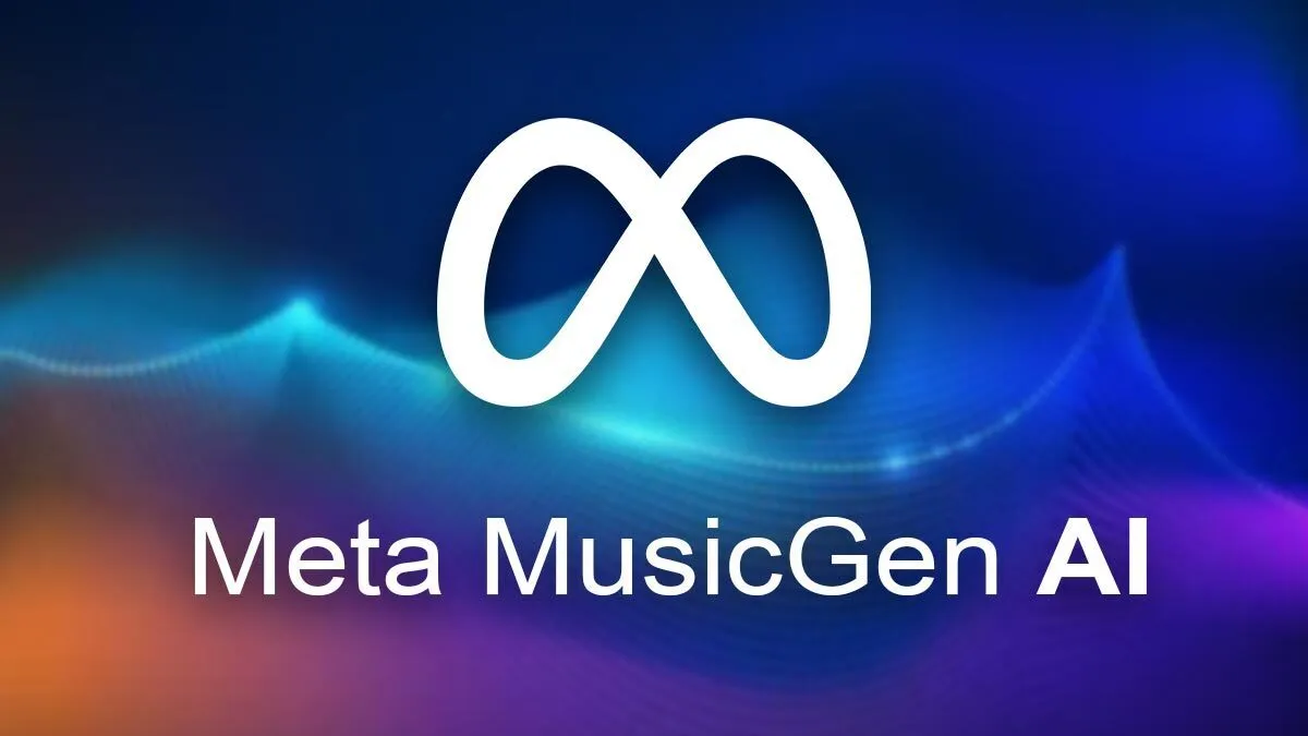 图片展示了Meta MusicGen AI的标志。背景为蓝紫色渐变,带有波浪状线条,营造出科技感。标志主体是一个白色的无限符号,下方文字“Meta MusicGen AI”以白色呈现。该图片位于介绍Meta最近发布的AI音乐生成器MusicGen的文档中,起到直观展示品牌标识的作用,与上下文介绍的Meta MusicGen相呼应。