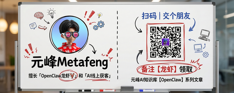 图片展示的是元峰Metafeng,他擅长「OpenClaw龙虾」和「AI线上获客」。左侧有其头像,周围有思维导图、齿轮等图标。右侧是二维码,上方有“扫码 | 交个朋友”字样,下方标注“备注【龙虾】领取 元峰AI知识库【OpenClaw】系列文章”。该图片与文档中介绍QClaw(龙虾)的内容相关,展示了QClaw的AI助手元峰Metafeng,并提供扫码领取元峰AI知识库系列文章的方式。