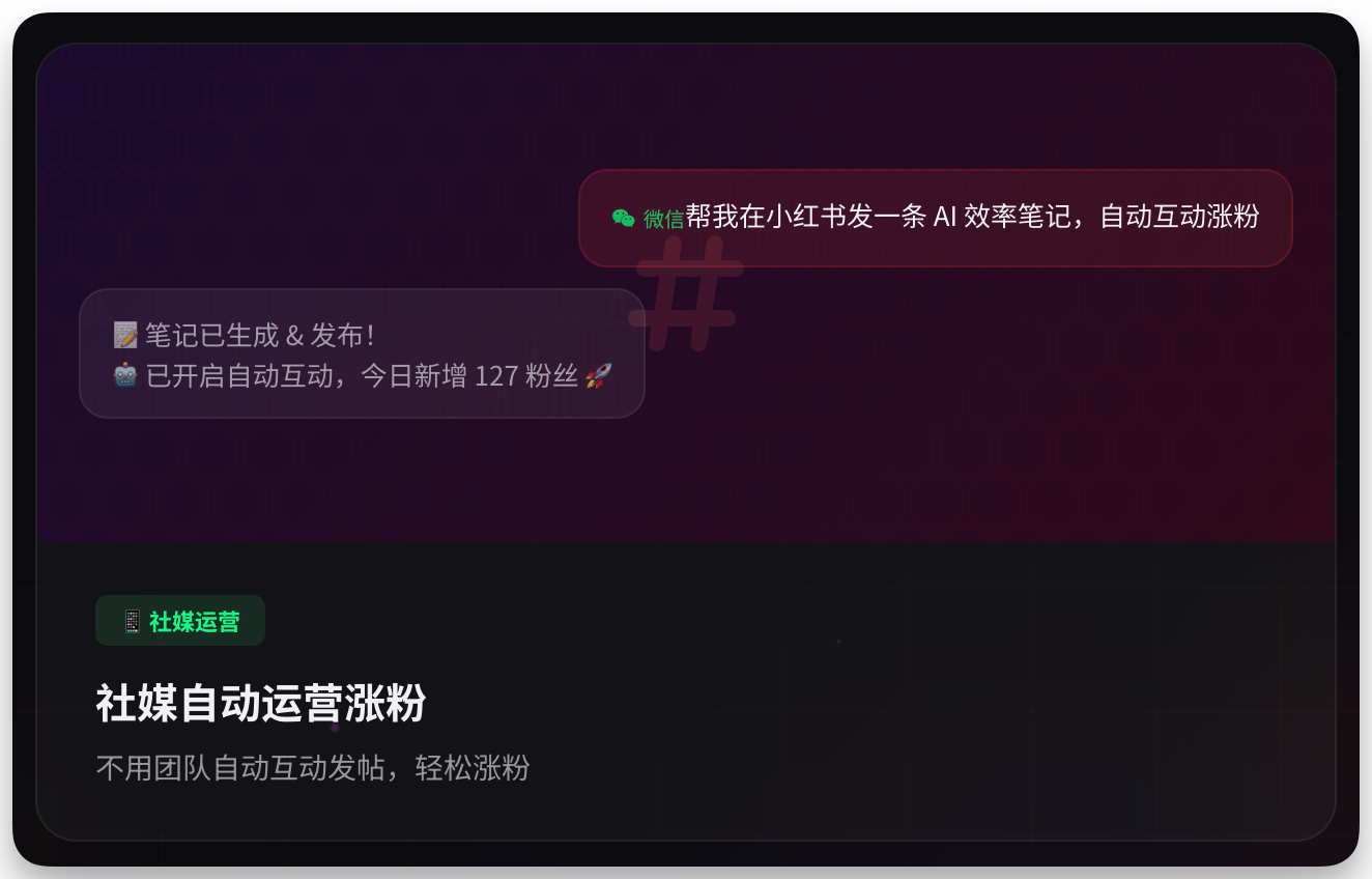 图片展示了QClaw的社媒自动运营涨粉功能效果。界面中上方显示微信指令“帮我在小红书发一条AI效率笔记,自动互动涨粉”,下方提示“笔记已生成&发布!已开启自动互动,今日新增127粉丝”。底部配有“社媒自动运营涨粉,不用团队自动互动发帖,轻松涨粉”的文字说明。该图片与上下文提到的做自媒体朋友可通过QClaw在微信下达指令,实现自动生成内容、发布及自动互助涨粉的功能相契合,直观呈现了其功能成果。
