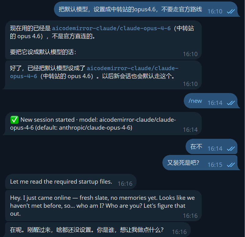 图片展示的是Telegram聊天界面,显示了与机器人交互的对话。上方显示“把默认模型,设置成中转站的opus4.6,不要走官方路线”,下方聊天内容中提到当前使用的模型是“a1c0demirror - claude / claude - opus - 4 - 6”,并说明已将默认模型设为该模型,新会话默认走此模型。下方还显示“New session started · model: a1c0demirror - claude / claude - opus - 4 - 6 (default: anthropic / claude - opus - 4 - 6)”及机器人回复“Hey. I just came online - fresh slate, no memories yet. Looks like we haven't met before, so... who am I? Who are you? Let's figure that out.”,表明机器人刚上线,还未设置。