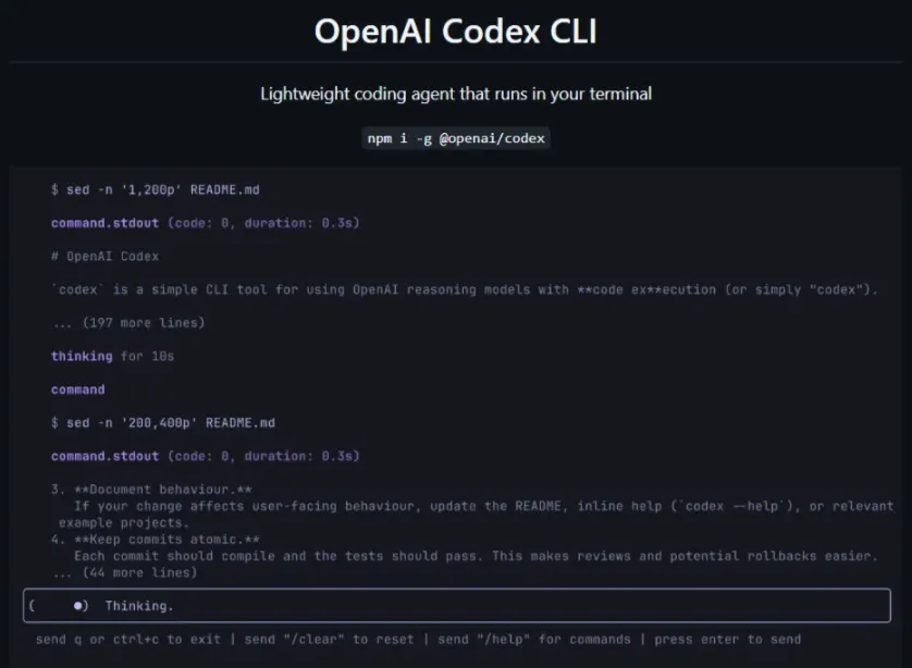 图片展示了OpenAI Codex CLI的界面。上方标题为“OpenAI Codex CLI”，下方说明其是运行在终端的轻量级编码代理。中间有代码执行指令“npm i -g @openai/codex”。下方代码区域显示了使用sed命令处理README.md文件的代码，以及Codex CLI在思考后返回的代码执行结果，还列出了文档行为、行为更新、保持提交原子性等注意事项。该图片直观呈现了Codex CLI在终端中的运行情况，与上下文介绍的其功能相契合。