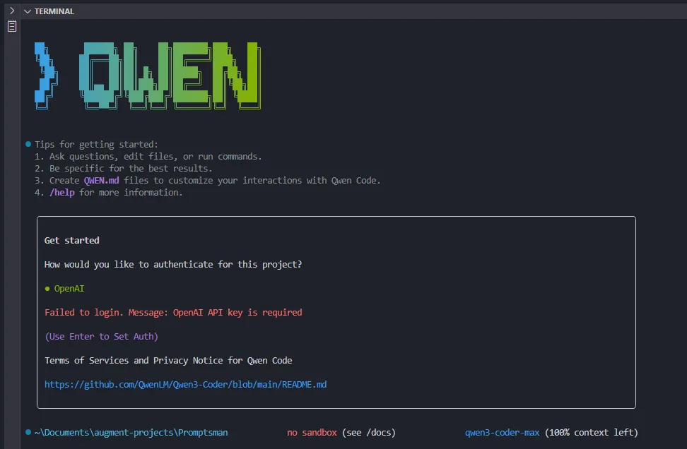 图片展示了Qwen Code的终端界面。上方有“TERMINAL”标识，中间以像素风格呈现“QWEN”字样。下方提示开始使用时可提问、编辑文件或运行命令，建议具体提问以获得最佳结果，可创建.QwenCode文件自定义交互，还有/help获取更多信息。界面底部显示当前目录为~\\Documents\\augment-projects\\Promptsmann，并有“no sandbox (see /docs)”提示，右下角显示模型为qwen3-coder-max，剩余上下文空间为100%。该图与文档中介绍Qwen Code作为阿里对终端编程回应的内容相关，展示了其界面及部分功能提示。