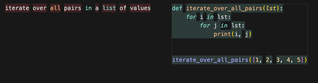 图片内容展示了一个Python函数iterate_over_all_pairs，该函数接收一个列表lst作为参数，并使用嵌套循环遍历列表中的所有元素对。函数定义在左侧，右侧则展示了函数的调用示例，传入一个包含数字1到5的列表，输出了所有可能的元素对。图片在上下文中用于说明如何使用Cursor AI的自动完成功能，通过按Tab键可以添加代码建议，这里具体展示了如何通过自然语言描述双for循环来迭代列表中的所有对。
